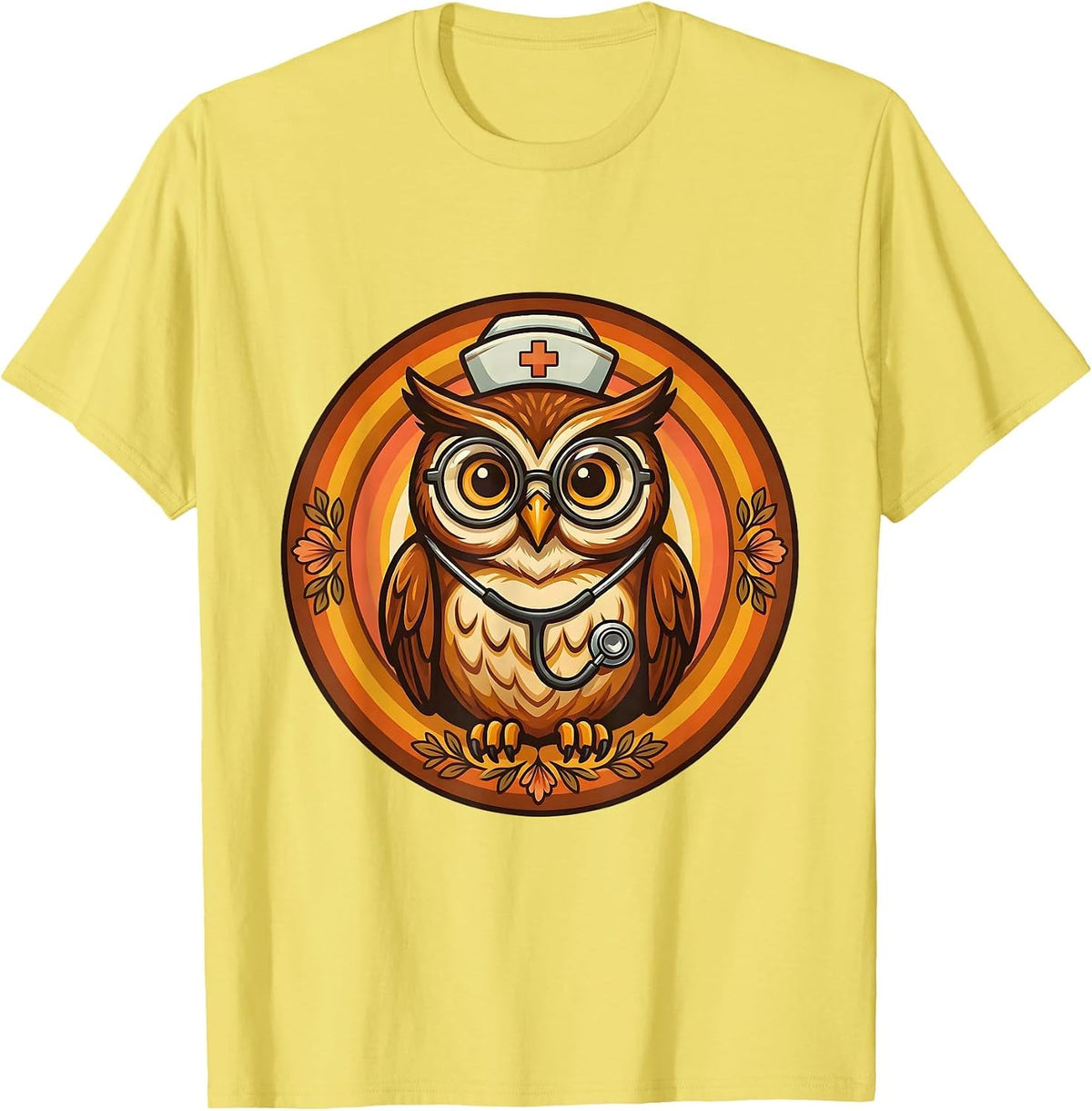 Men's School Nurse Owl with Glasses and Stethoscope T-Shirt - Lemon Yellow