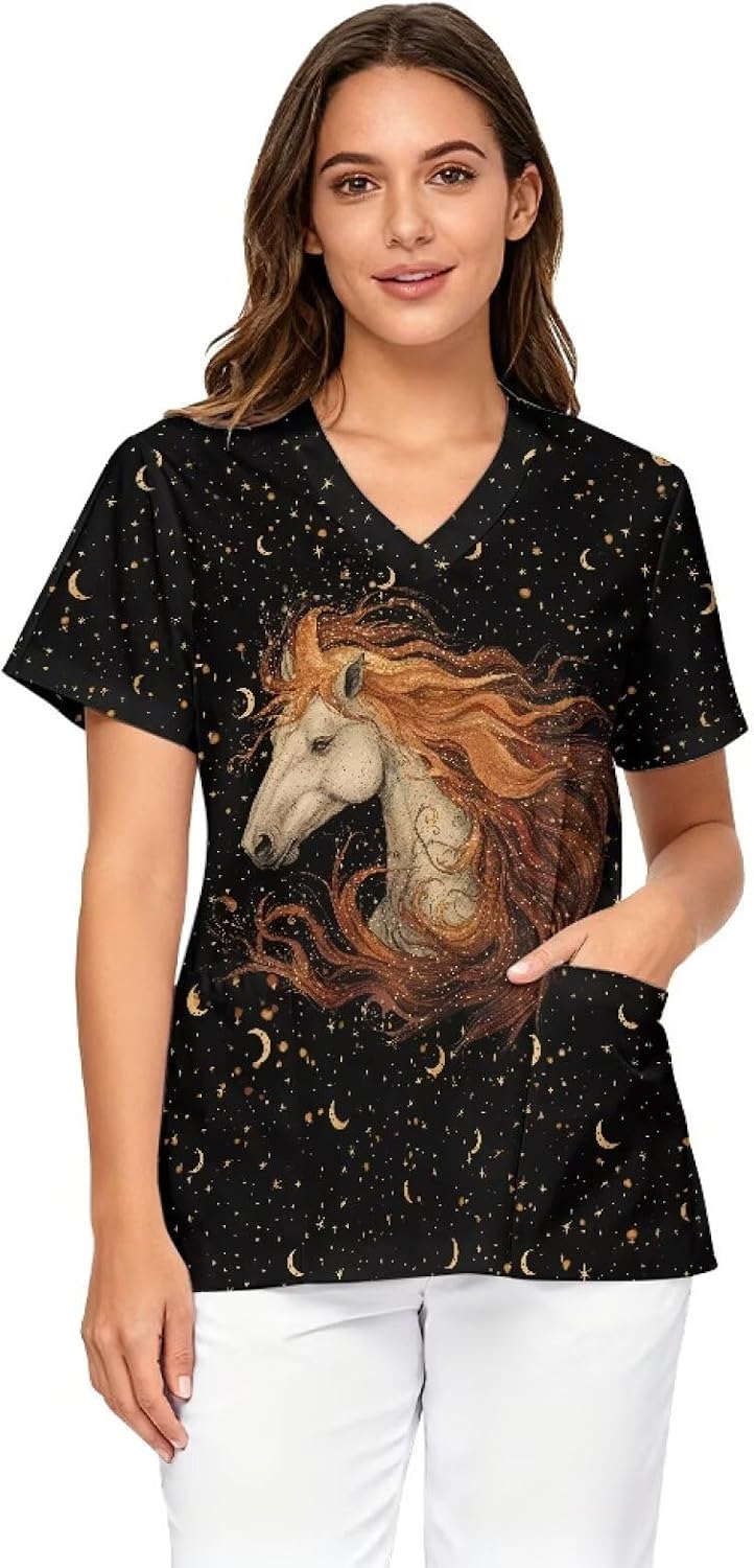 Womens Scrub Tops 2 Pockets Soft Stretch,Quick Dry Nurse Uniform T Shirts V-Neck Work Top S-5xl - Black Horse Print