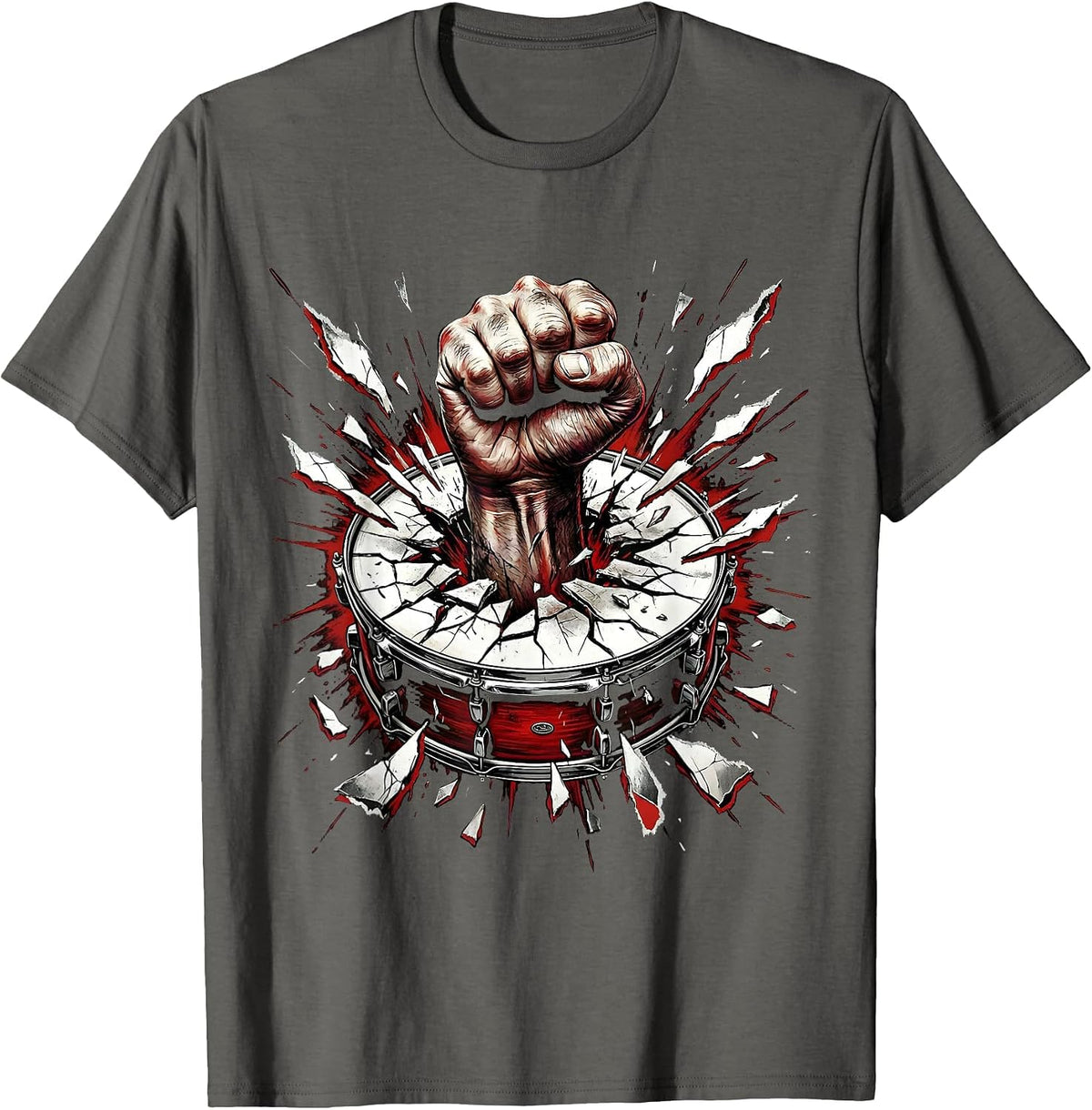 Fist Through Bass Drum Punk Rock Concert Graphic T-Shirt - Asphalt Grey