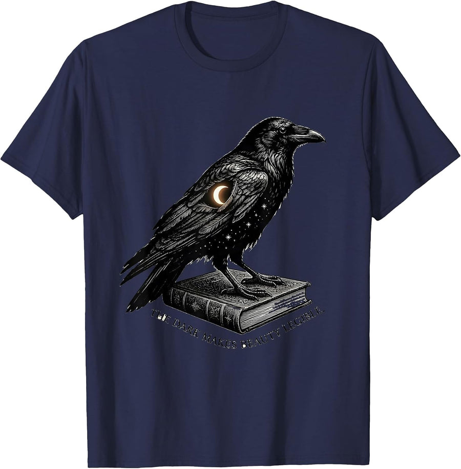 The Dark Makes Beauty Legible Gothic Literary Raven Quote T-Shirt - Navy Blue