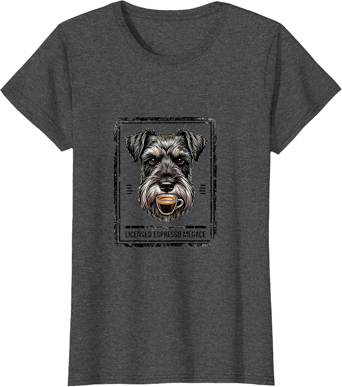Women's Licensed Espresso Menace Funny Miniature Schnauzer Dog Meme T-Shirt - Dark Heather Grey