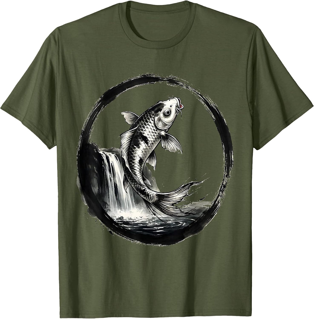 Men's White Koi Fish Leaping Waterfall Freedom Design T-Shirt - Olive Green