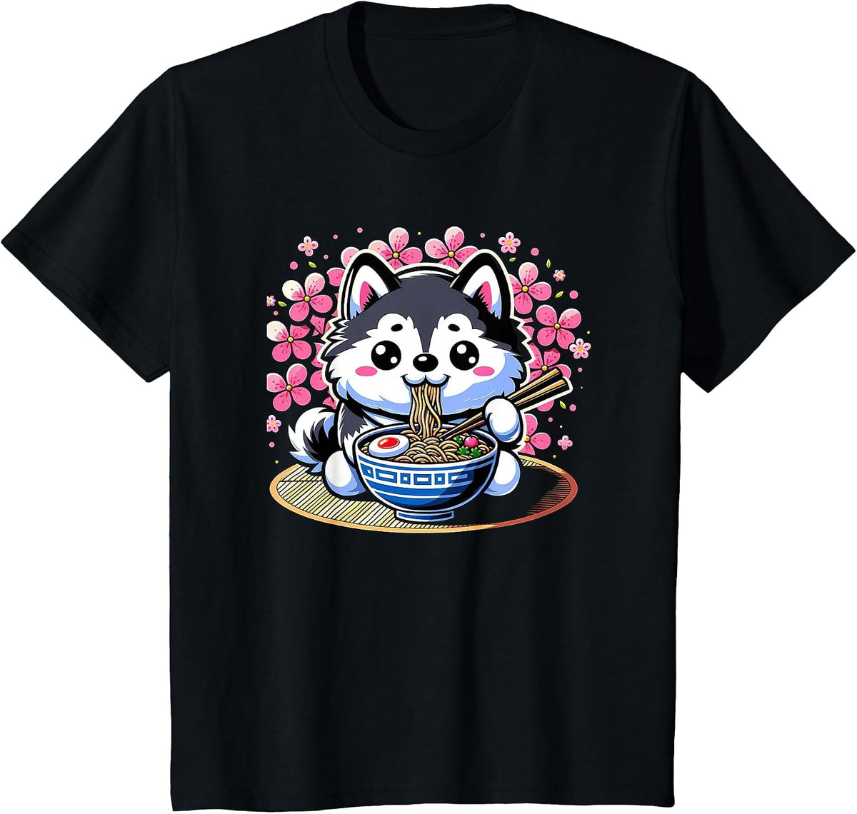 Kawaii Siberian Husky Dog Eating Ramen T-Shirt - Black