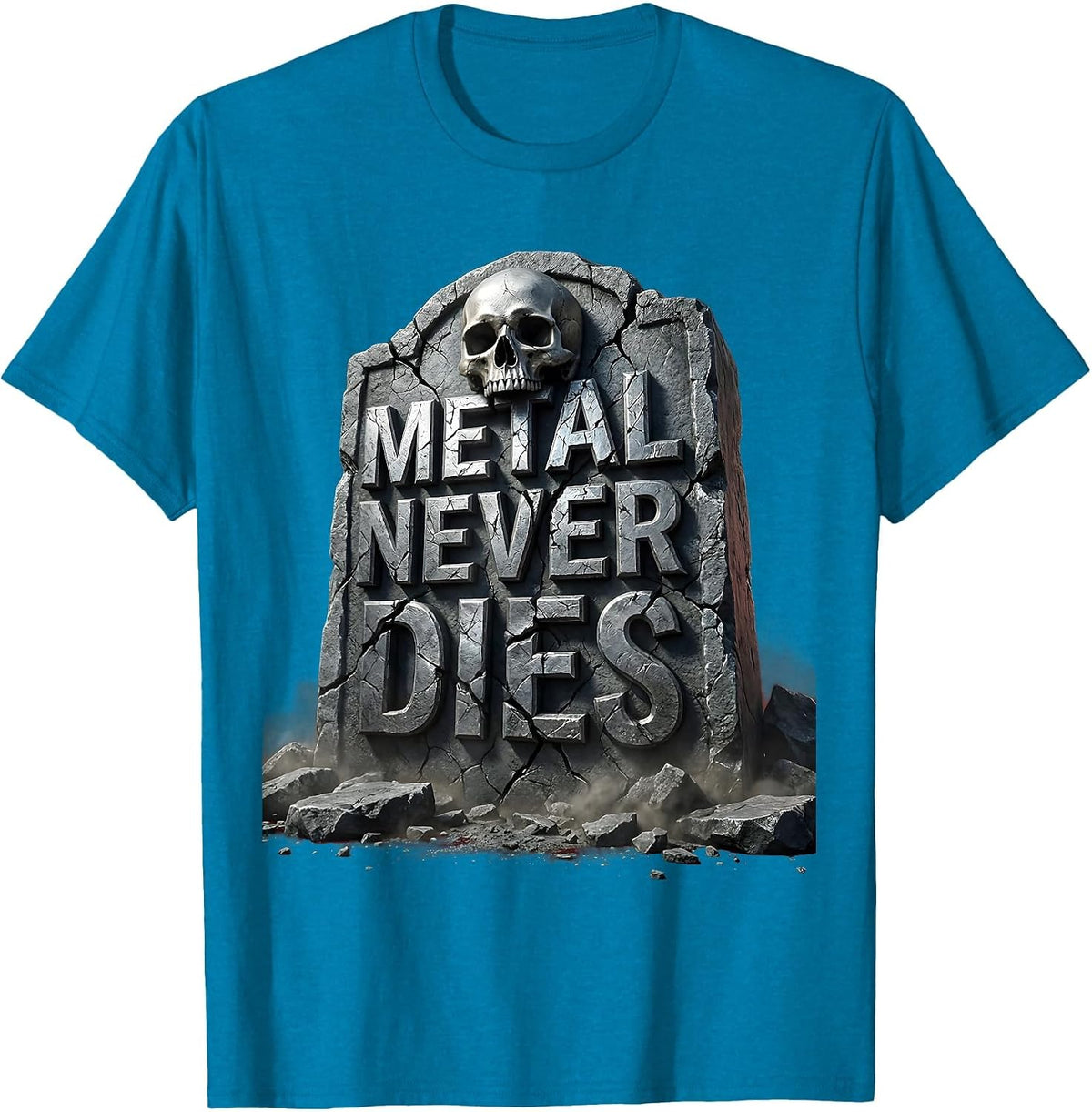 Metal Never Dies Heavy Metal Band Graphic Design T-Shirt - Sapphire Blue