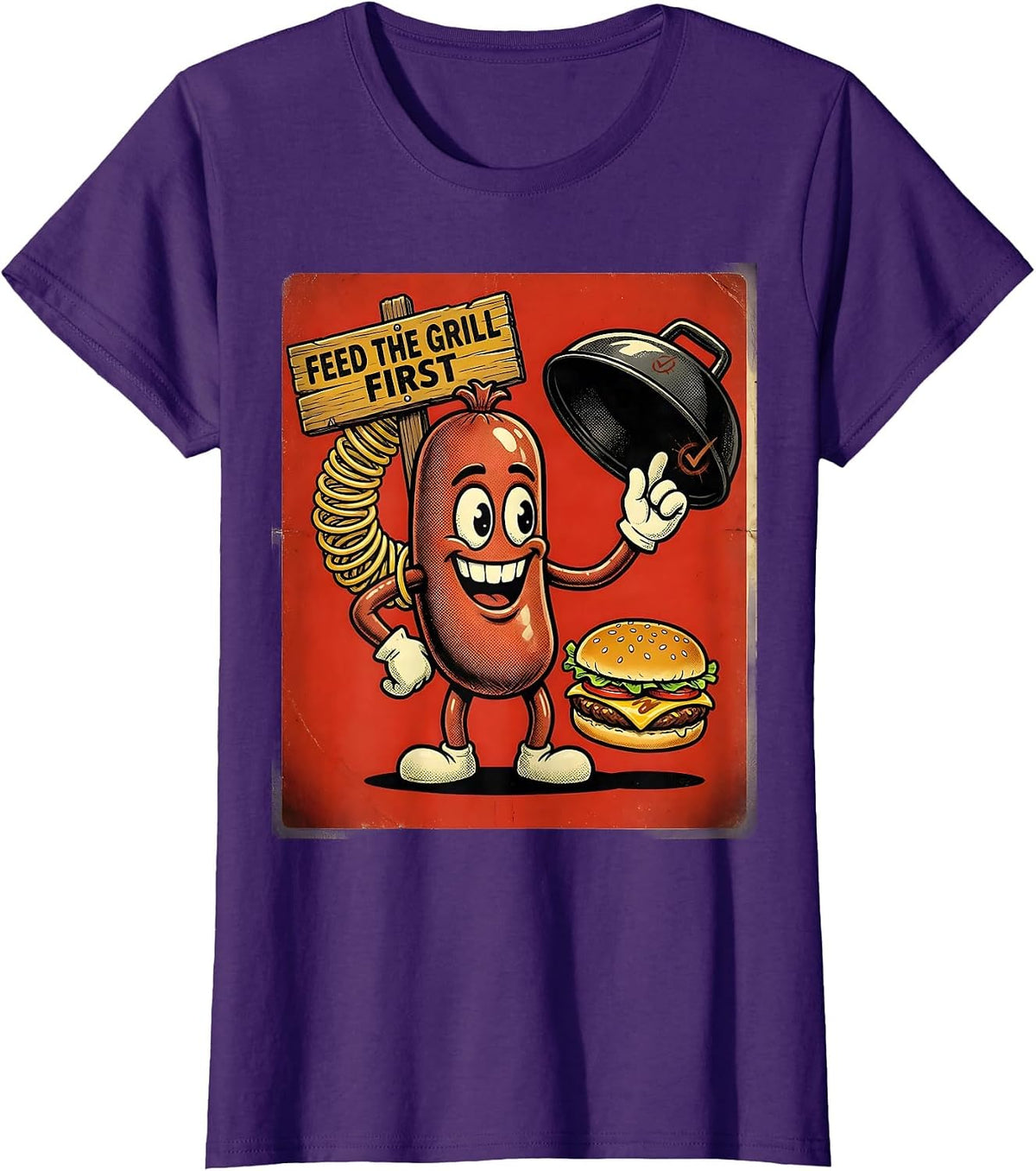 Women's Feed The Grill First Retro Cartoon Funny BBQ Grilling 4th Of T-Shirt - Purple