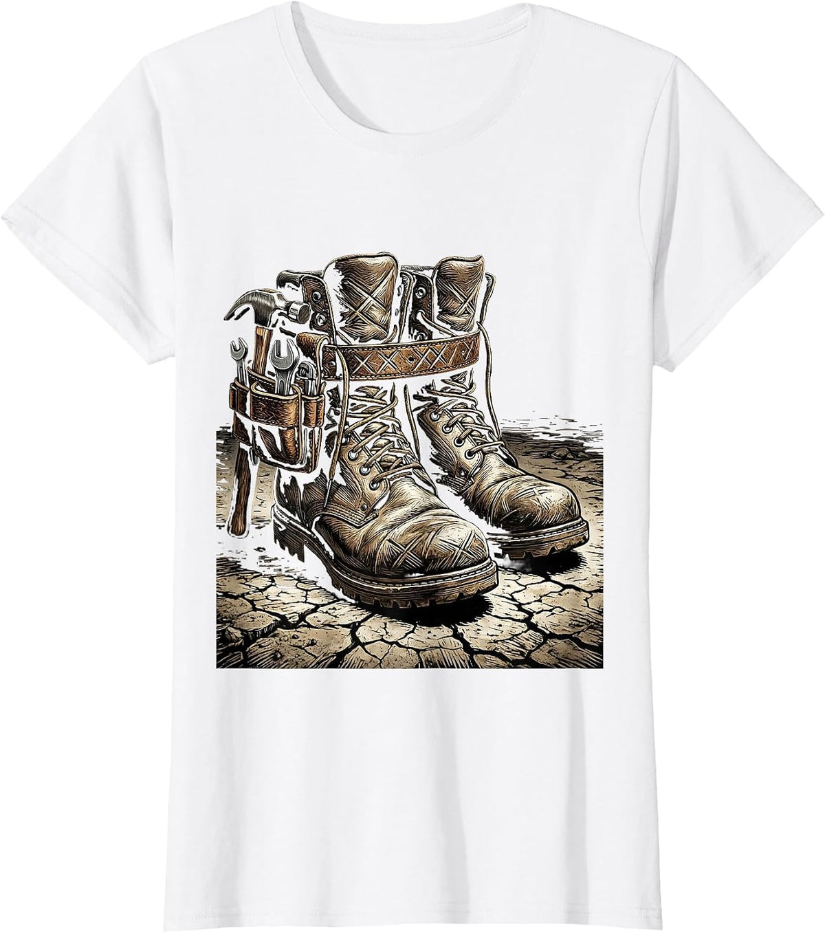 Women's Work Boots and Tool Belt Dusty Ground Illustration T-Shirt - White