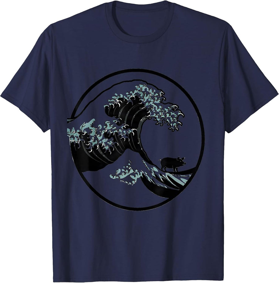 Great Wave Off Kanagawa Pig Silhouette Japanese Art Animal T-Shirt - Navy Blue