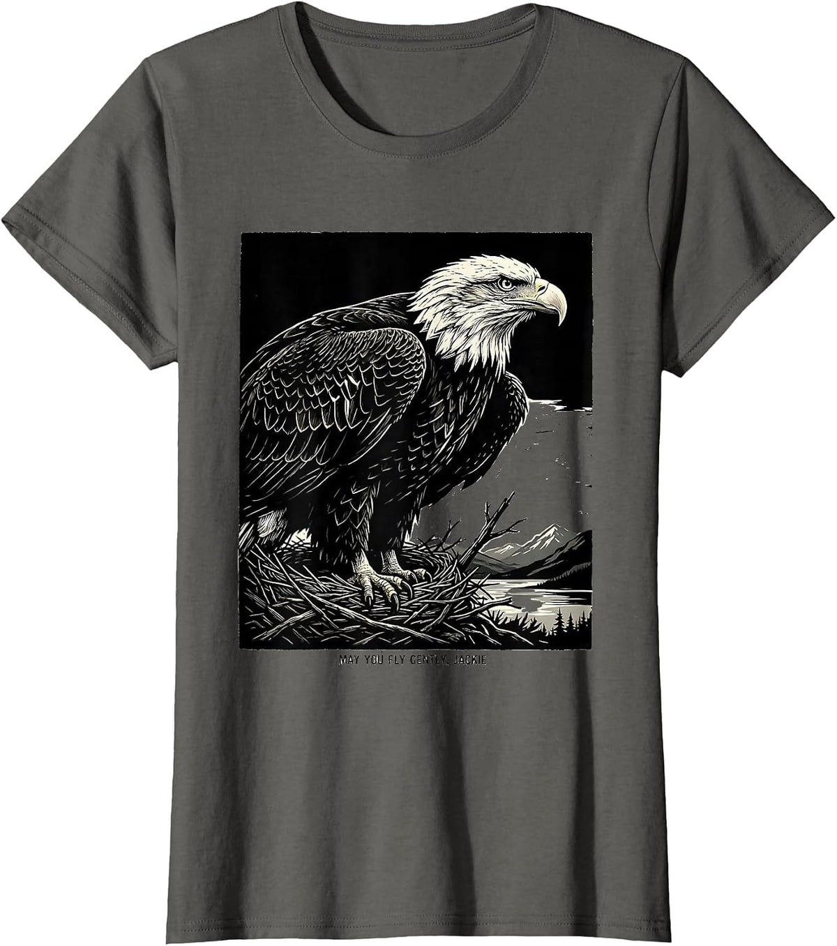 Women's May You Fly Gently, Jackie Linocut Bald Eagle Memorial T-Shirt - Asphalt Grey