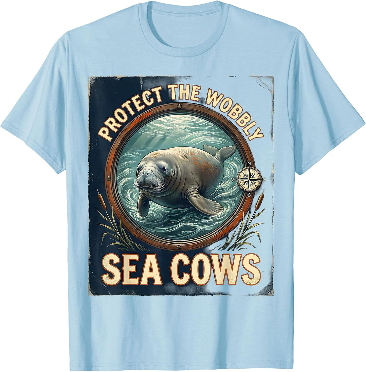 Men's Protect The Wobbly Sea Cows Vintage Manatee Lover Crystal T-Shirt - Baby Blue
