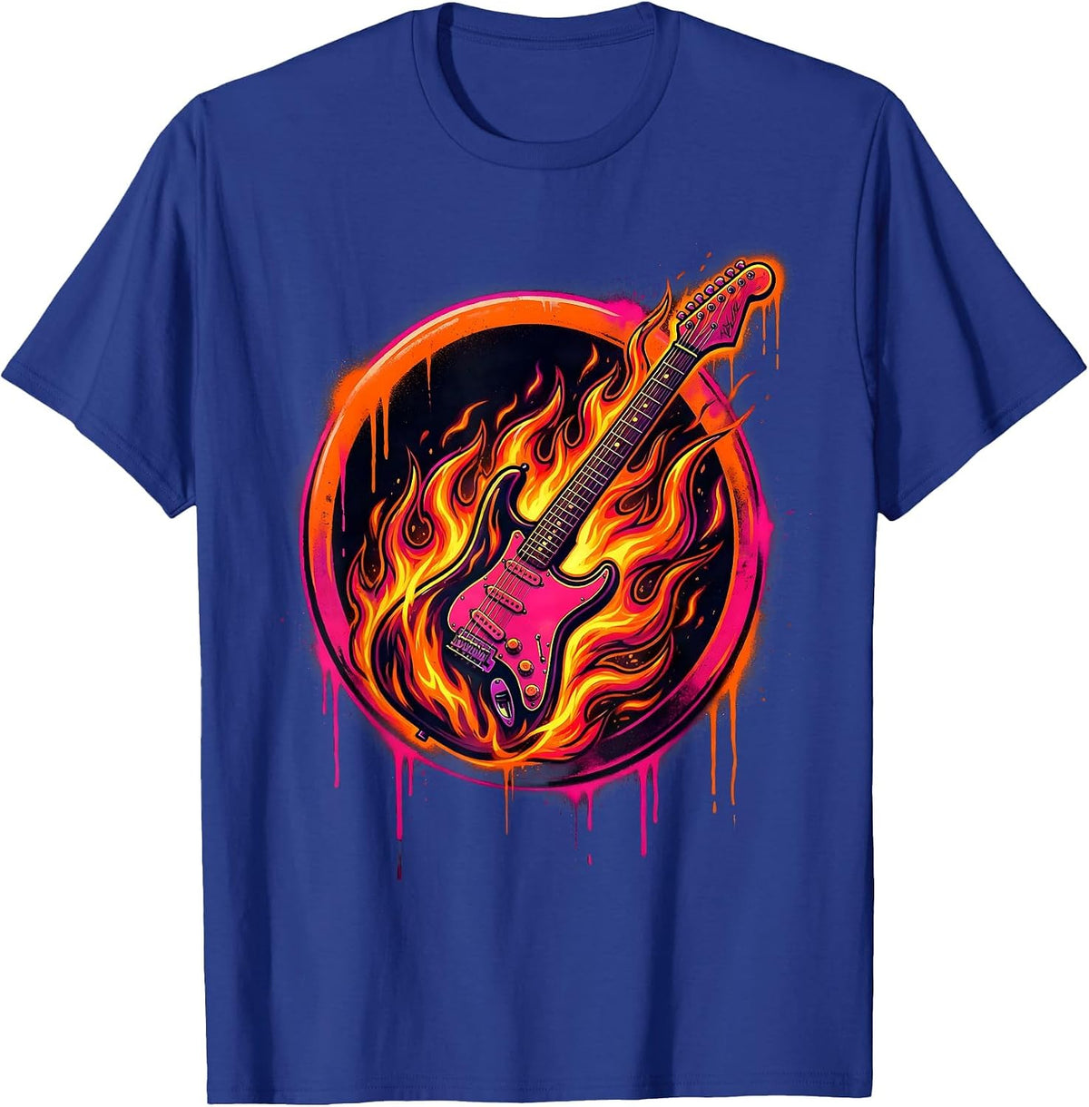 Flaming Electric Guitar Rock Band Graphic T-Shirt - Royal Blue