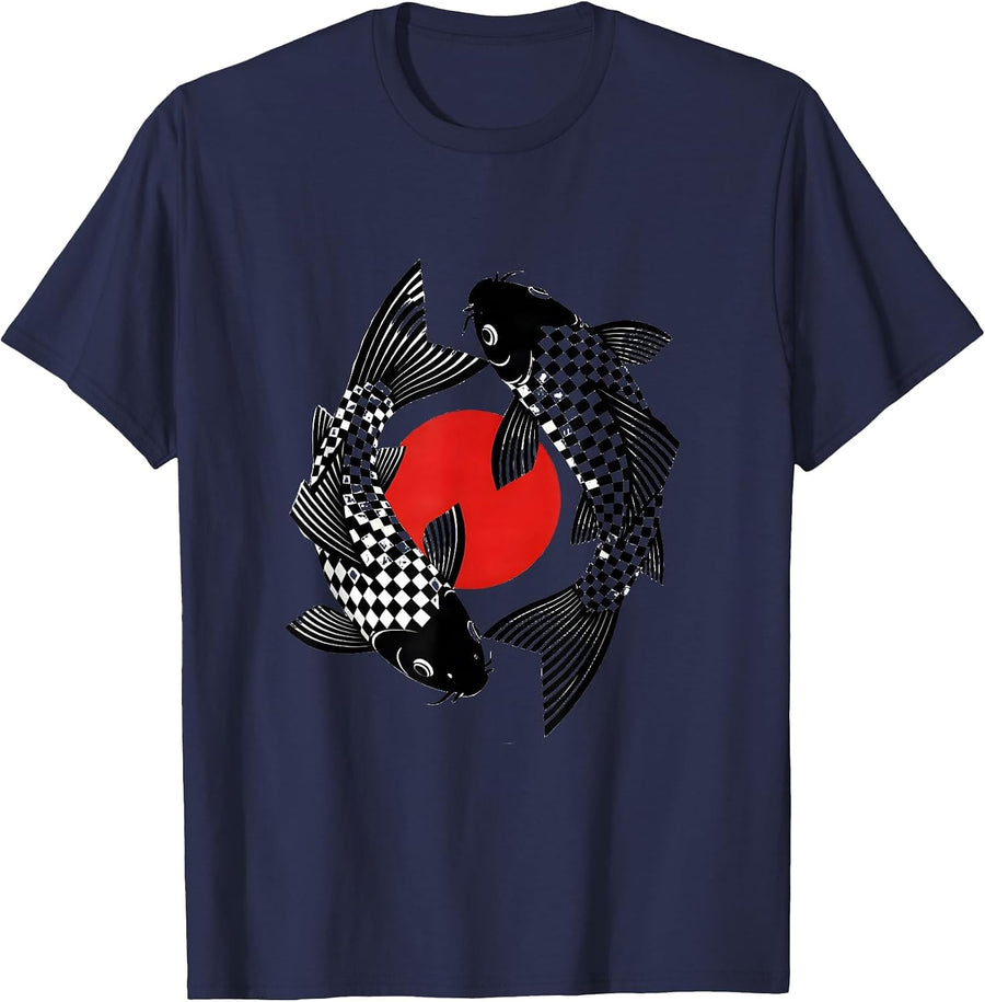 Checkered Koi Fish Swimming in Ripples T-Shirt - Navy Blue