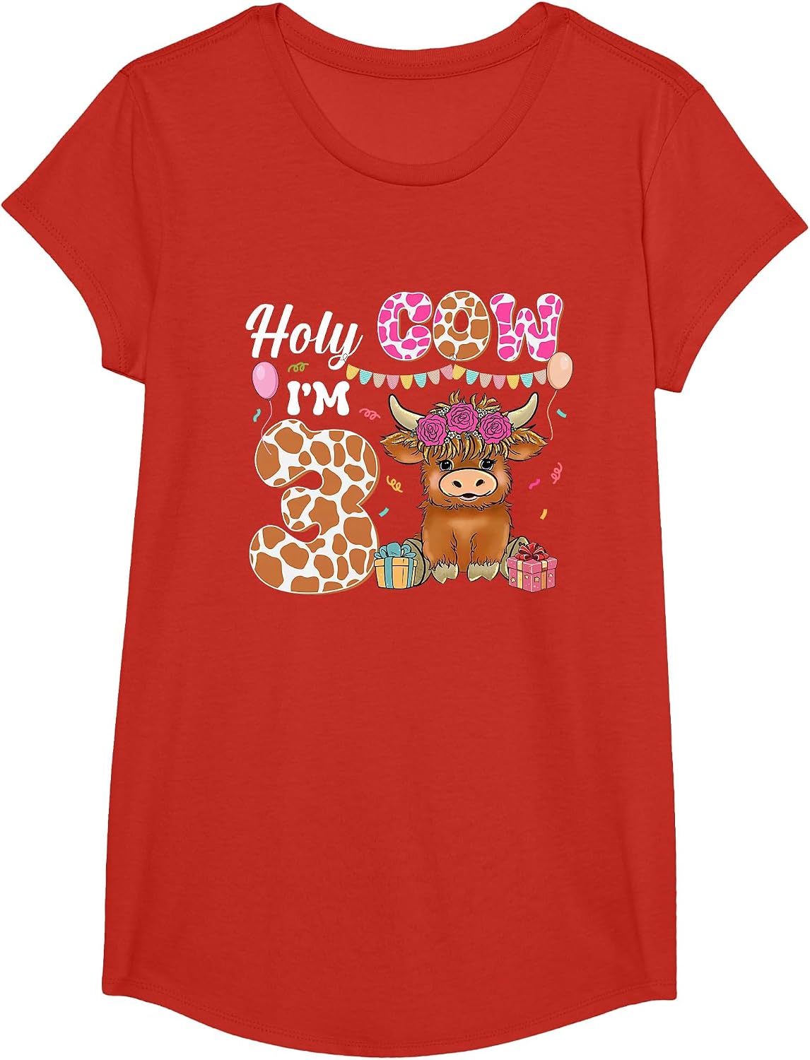 Holy Cow I'm 3 Highland Cow Farming 3rd Birthday 3 Years Old T-Shirt - Girls Red