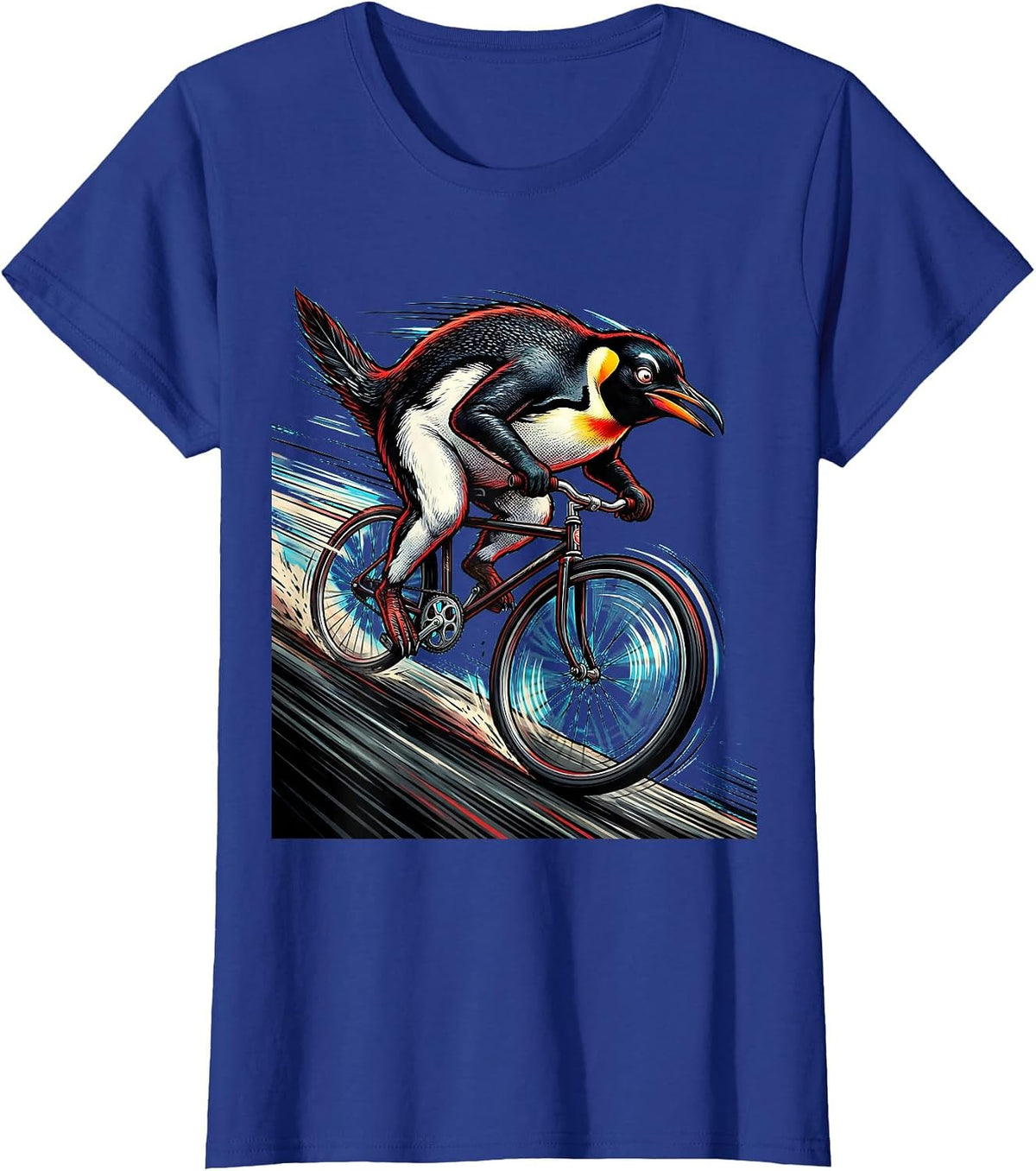 Women's Penguin Downhill Bicycle Rider Graphic Tee T-Shirt - Royal Blue