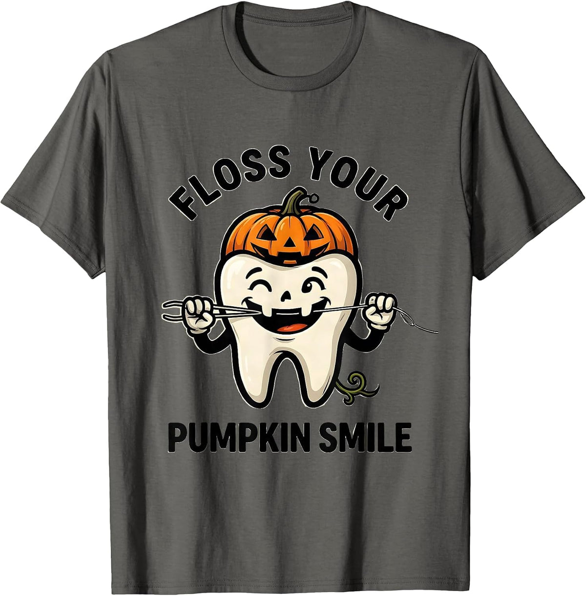 Floss Your Pumpkin Smile Cartoon Dental Hygienist Halloween T-Shirt - Asphalt Grey