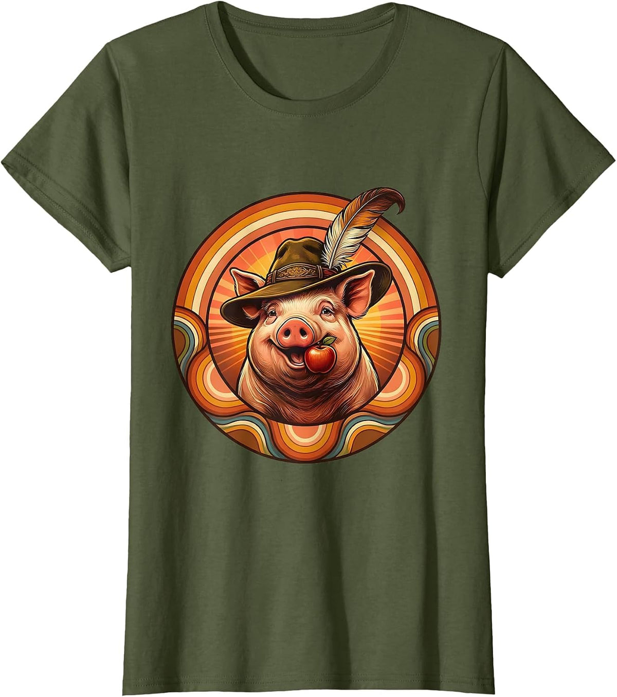 Women's Oktoberfest Pig with Feathered Hat Illustration T-Shirt - Olive Green