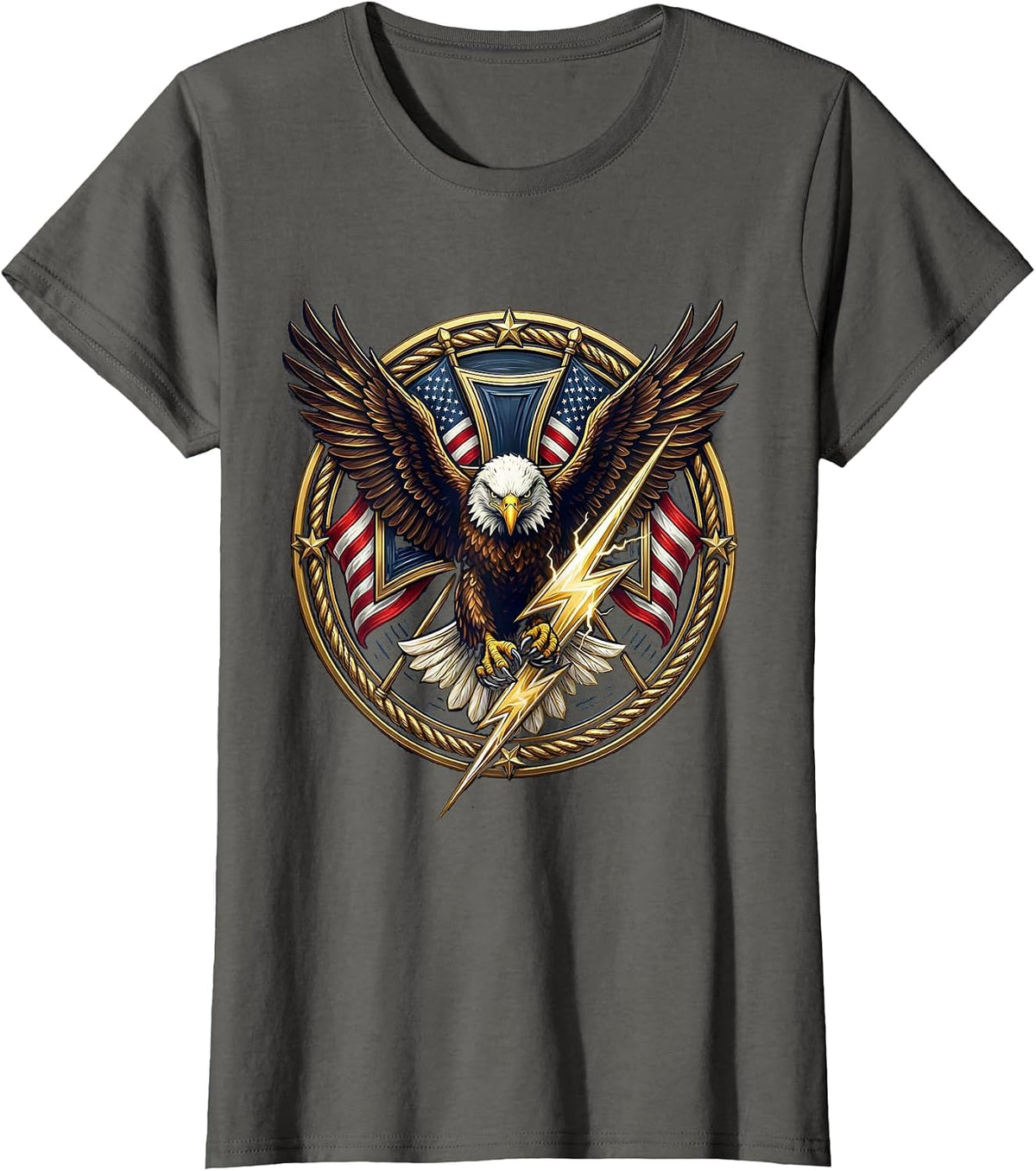 Women's Bald Eagle Lightning Bolt Patriotic Graphic Tee T-Shirt - Asphalt Grey