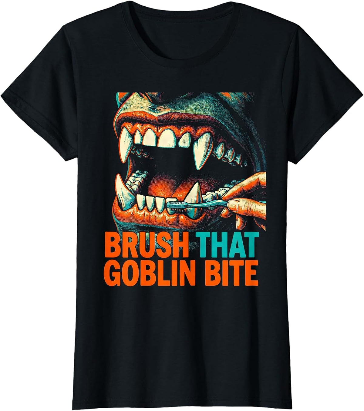 Brush That Goblin Bite Risograph Dental Hygienist Halloween T-Shirt - Black