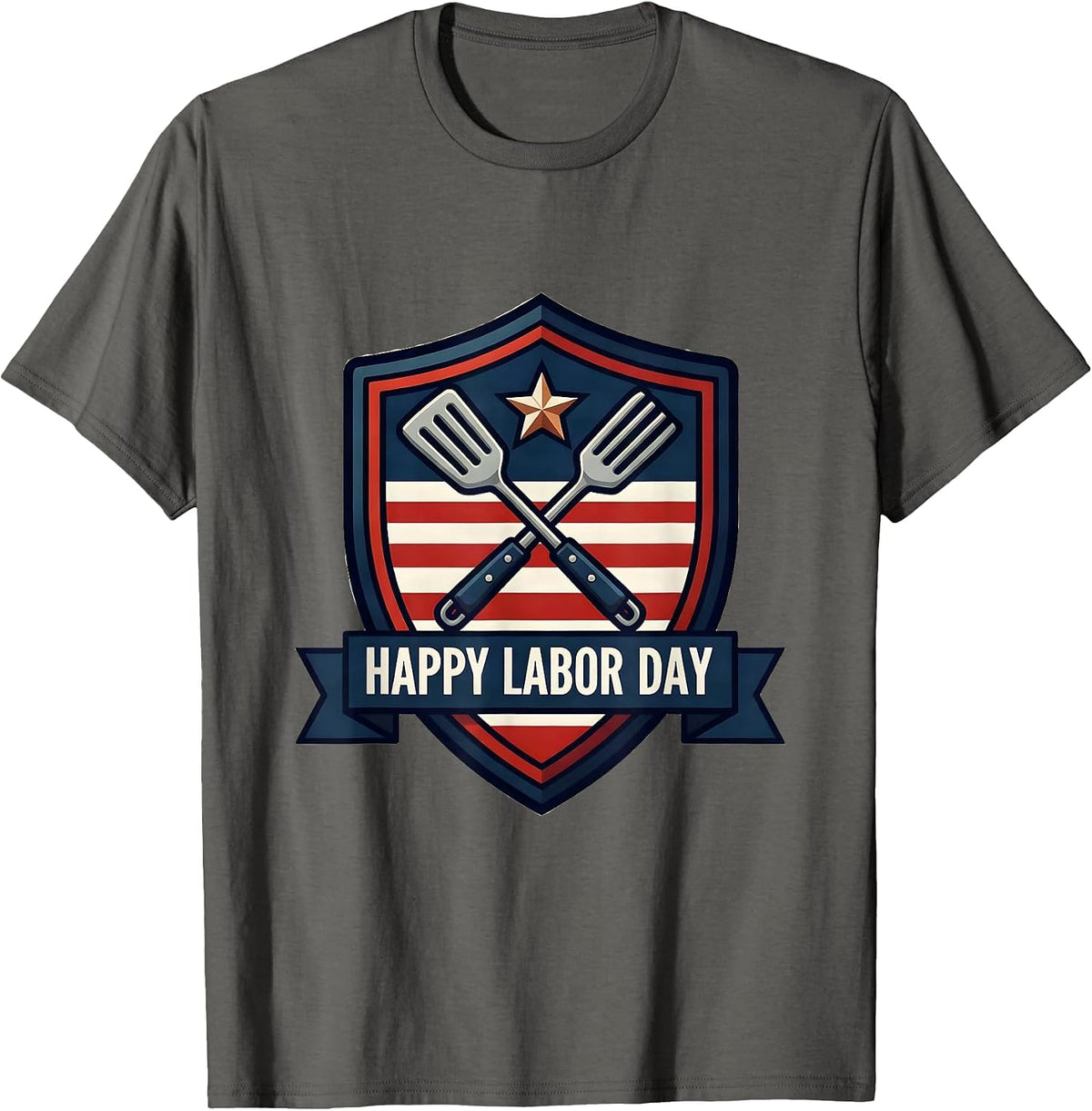 Men's Happy Labor Day Patriotic Americana Shield Emblem BBQ Gift T-Shirt - Asphalt Grey