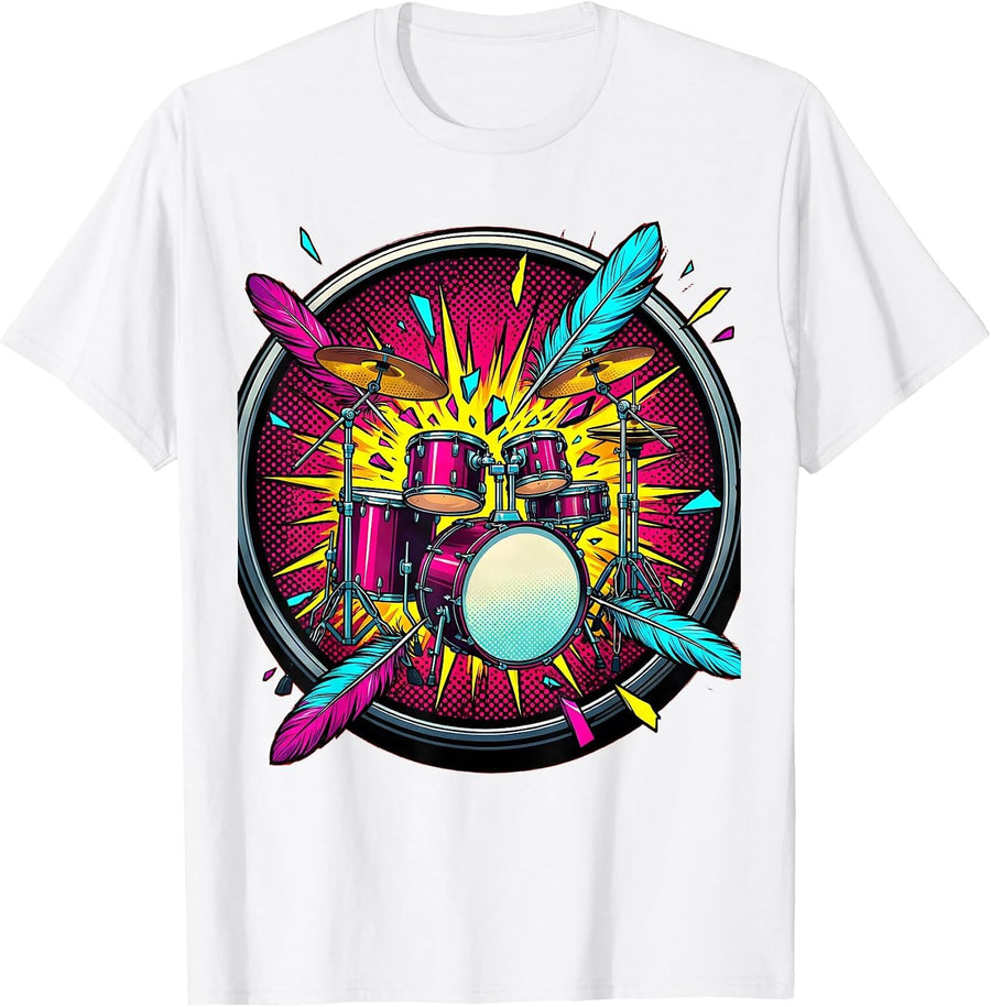 Men's Drum Kit Feather Explosion Music Art Design T-Shirt - White