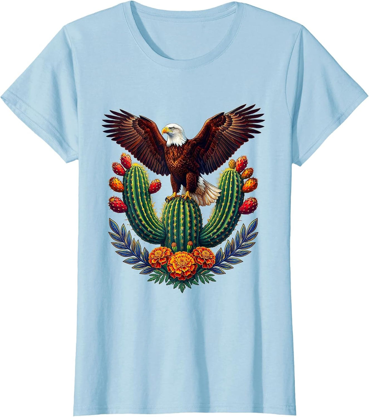 Mexican American Bald Eagle Nopal Cactus Design T-Shirt - Baby Blue