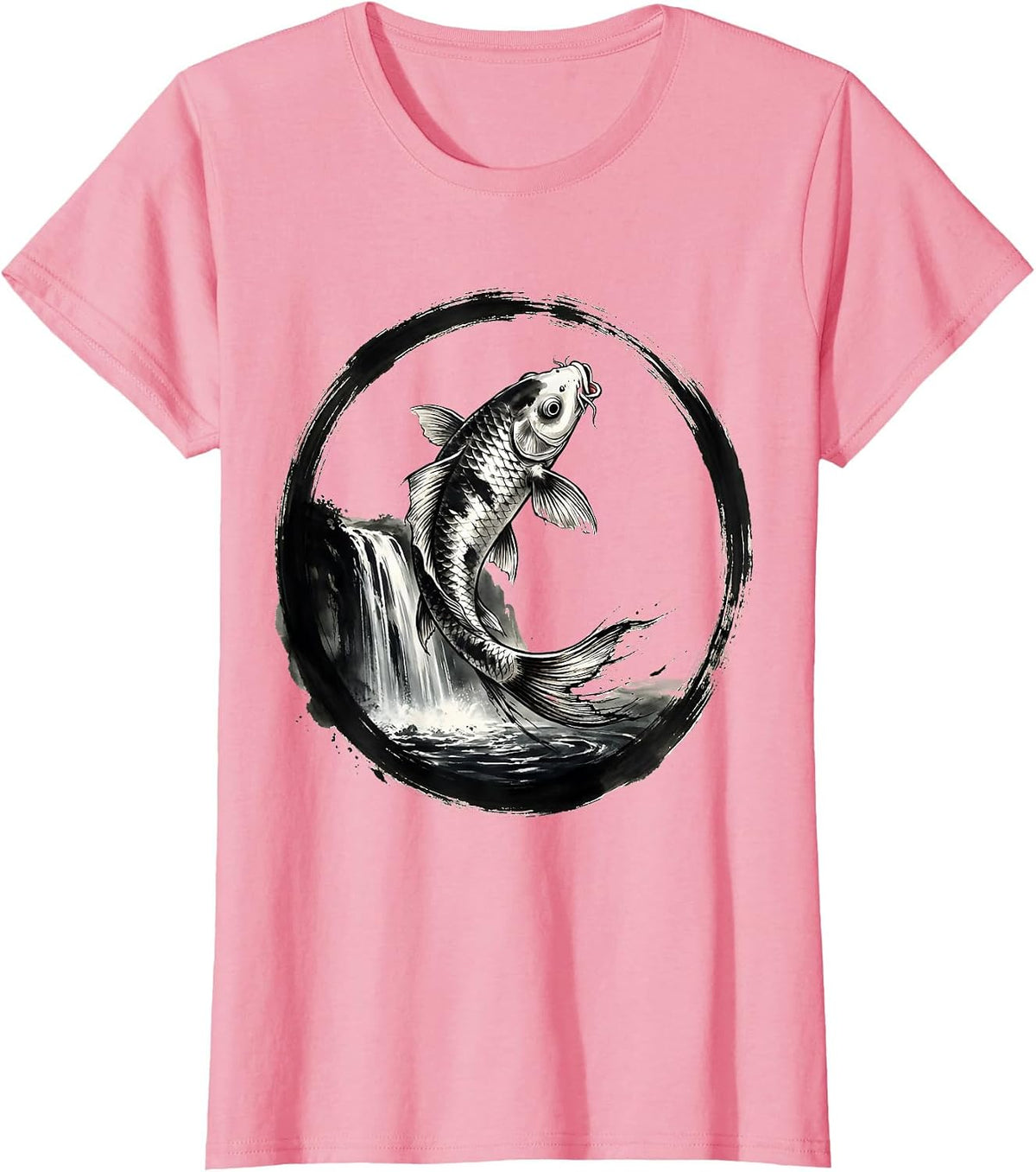 Women's White Koi Fish Leaping Waterfall Freedom Design T-Shirt - Pink
