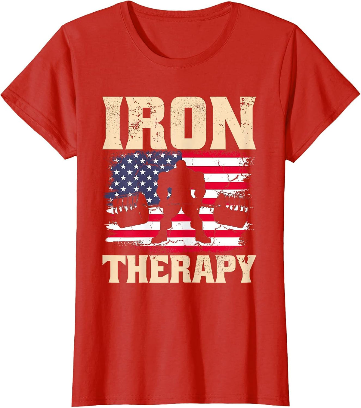 Iron Therapy Gym Deadlift Powerlift with USA American Flag T-Shirt - Red
