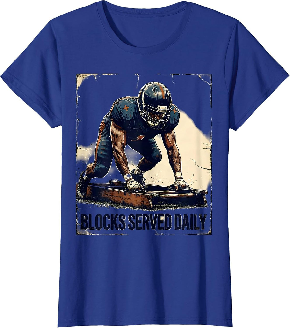 Women's Blocks Served Daily Distressed Football Lineman Game-Day T-Shirt - Royal Blue