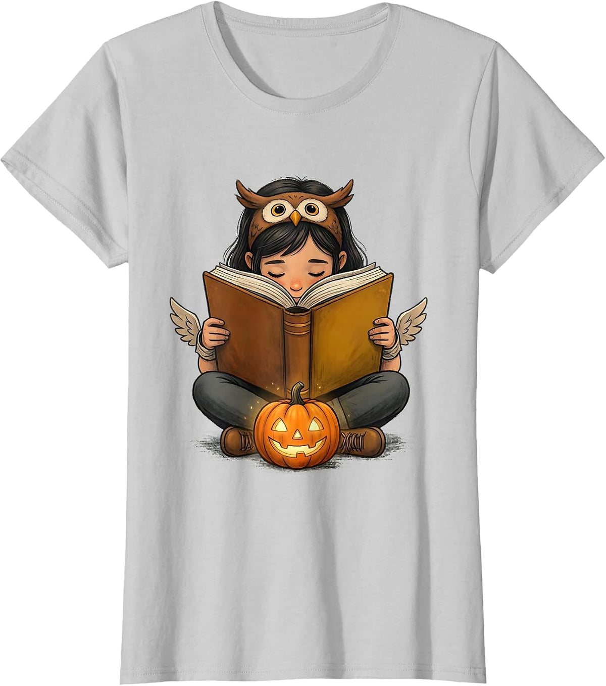 Bookworm Reader Halloween Felt Owl Ear Headband Illustration T-Shirt - Silver Grey