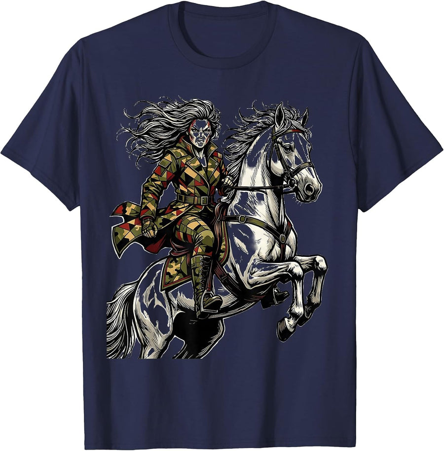 Camo Woman on White Horse Graphic Design T-Shirt - Navy Blue