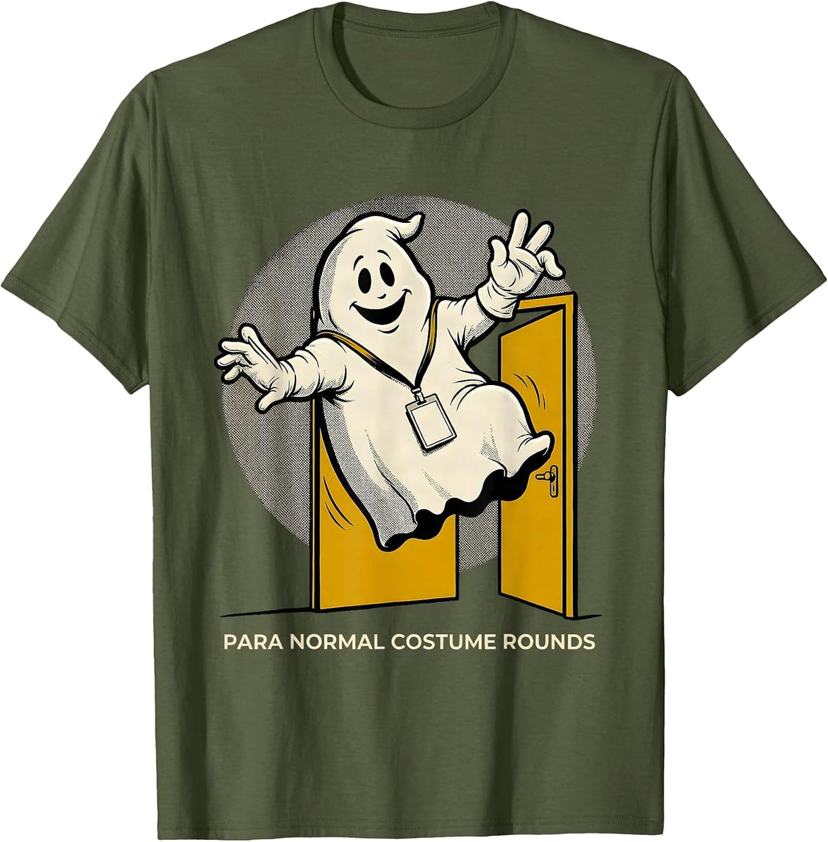 Men's Para Normal Costume Rounds Retro Cartoon Ghost Paraeducator T-Shirt - Olive Green