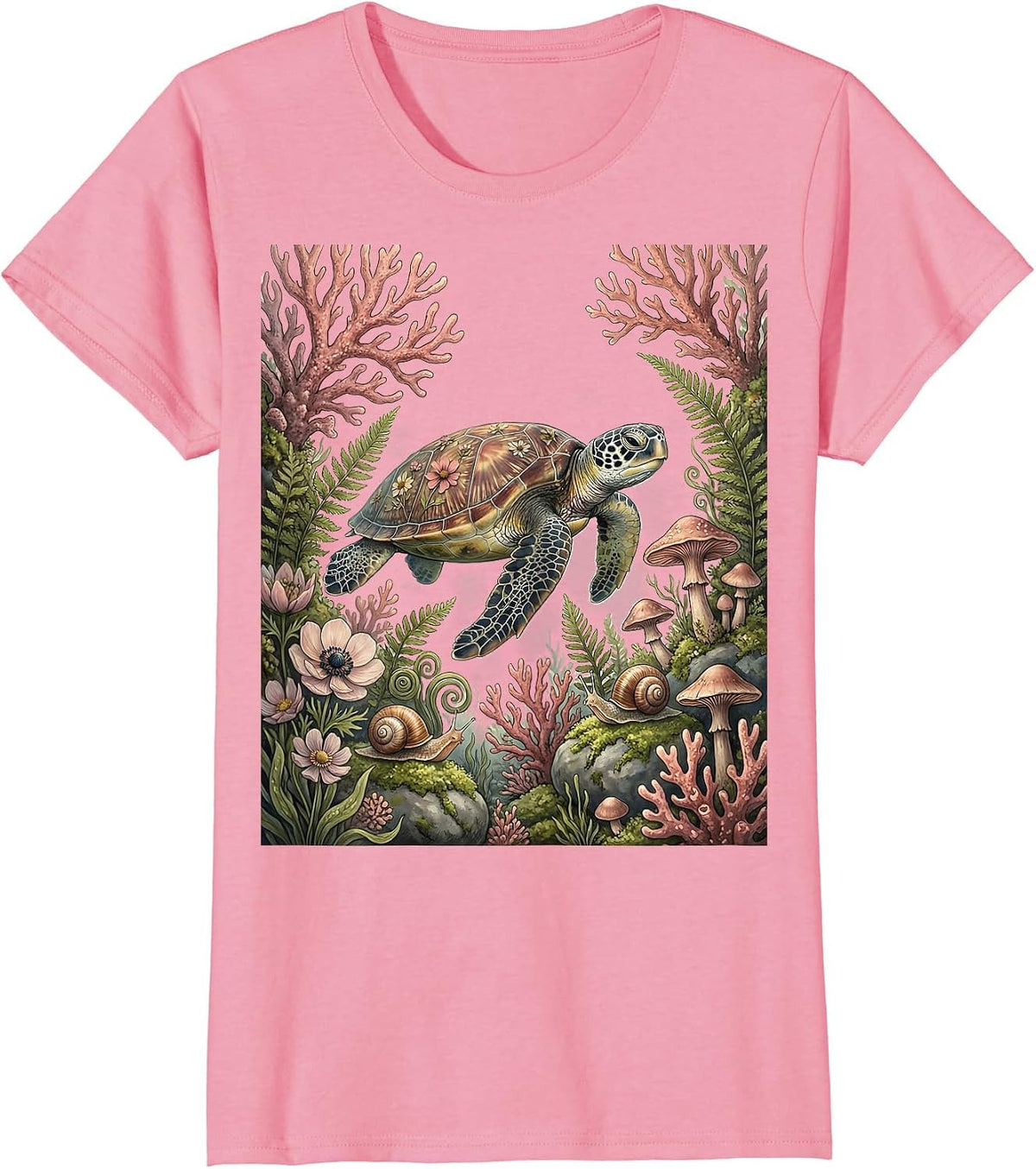 Women's Sea Turtle Pink Coral Reef Breast Cancer Awareness T-Shirt - Pink