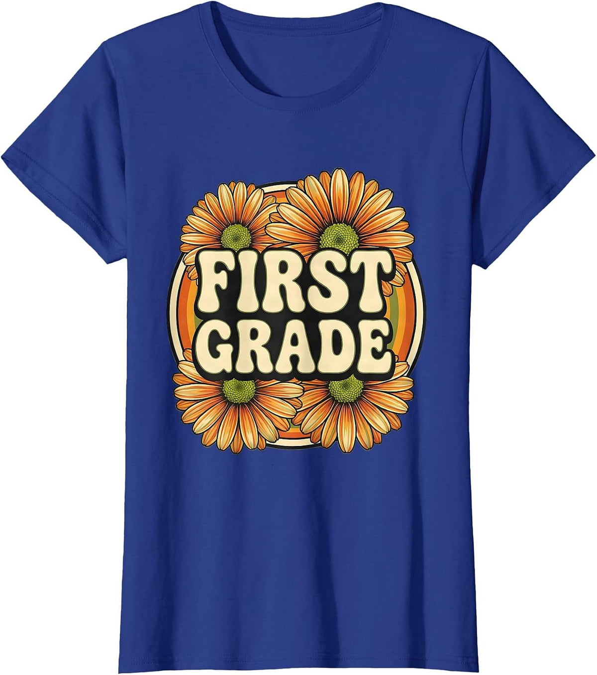Women's FIRST GRADE Retro Flower Power Squared First Grade Back To T-Shirt - Royal Blue