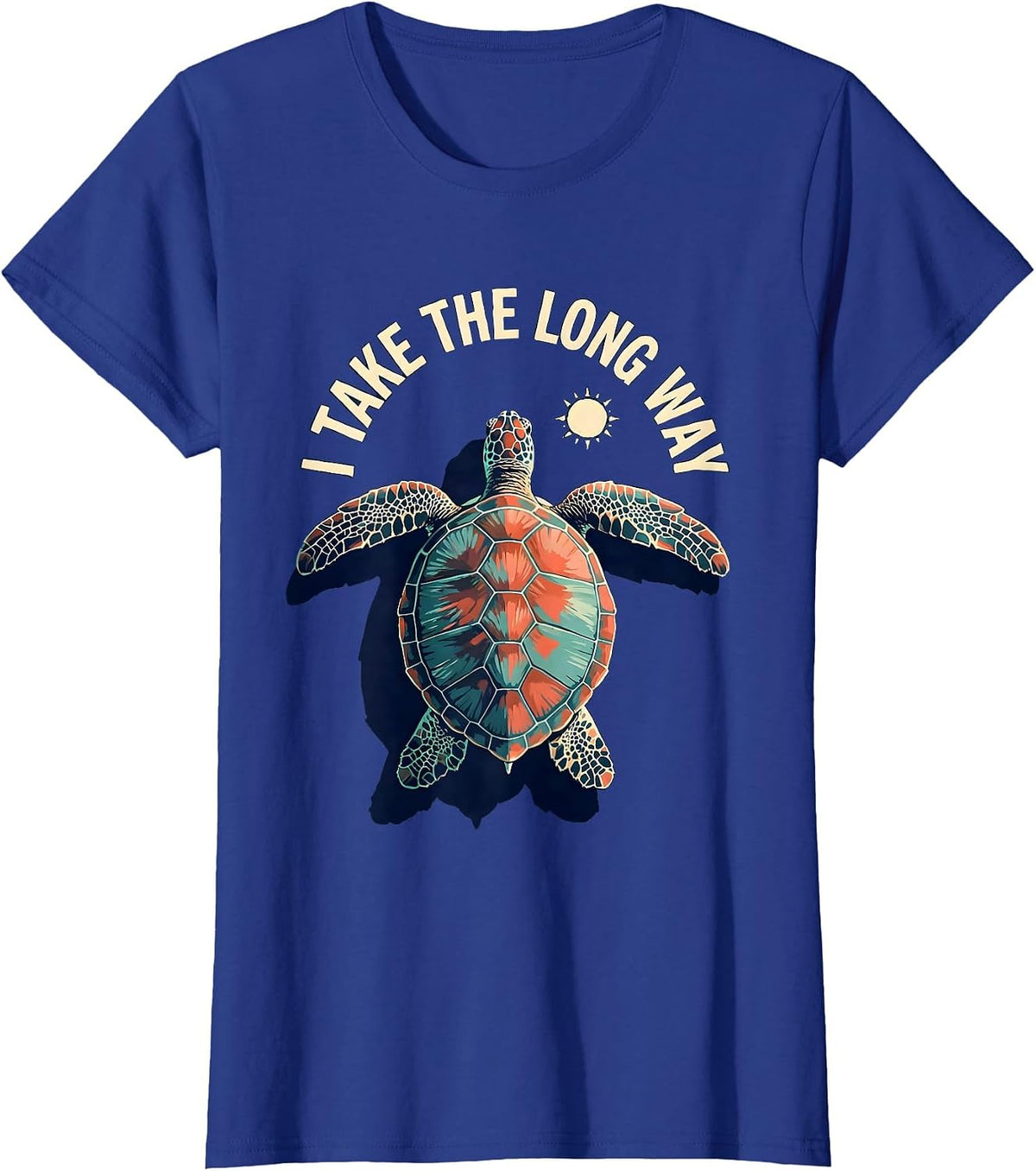 Women's I Take The Long Way Gouache Sea Turtle Tropical Vacation T-Shirt - Royal Blue