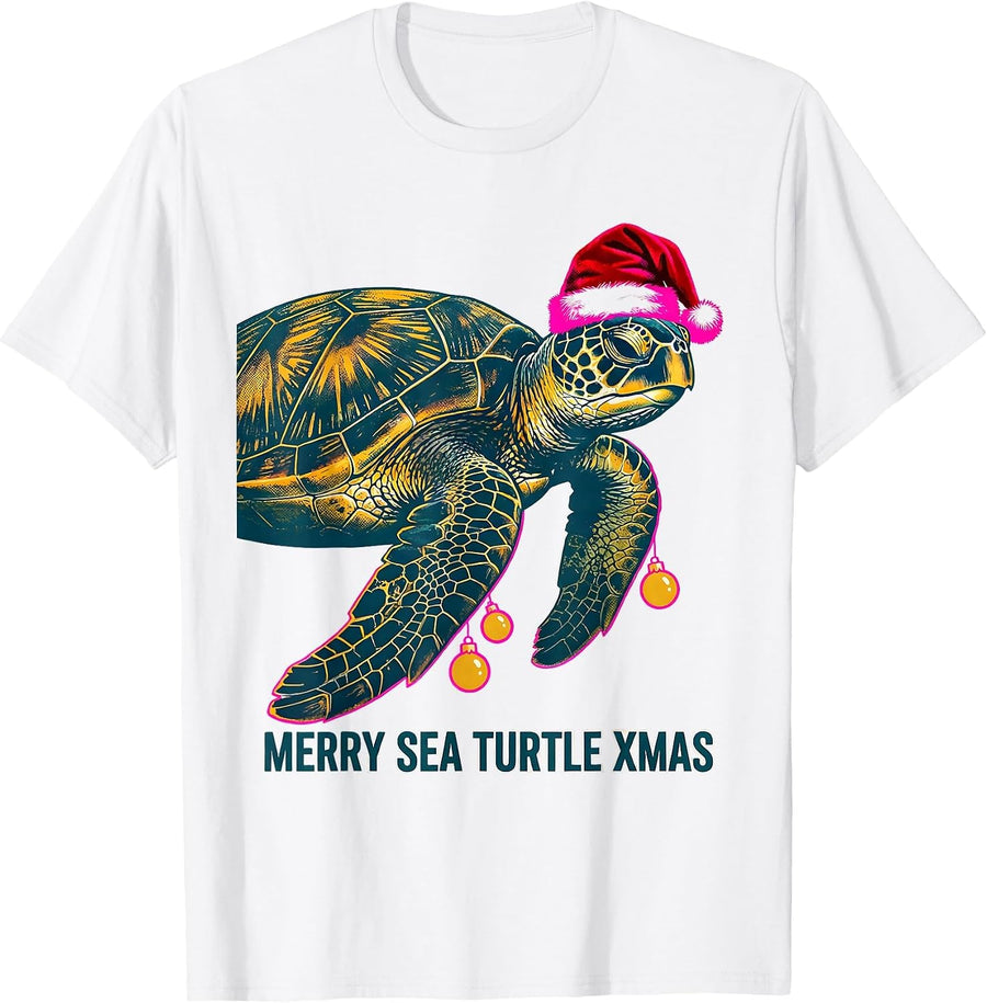 Men's Merry Sea Turtle Xmas Risograph Whimsical Sea Turtle Lover T-Shirt - White
