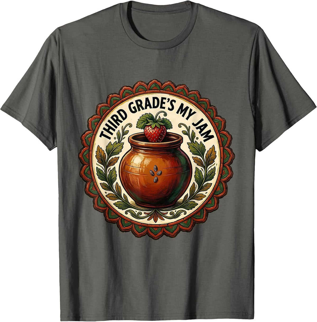 Third Grade's My Jam Folk Art Strawberry Back To School T-Shirt - Asphalt Grey