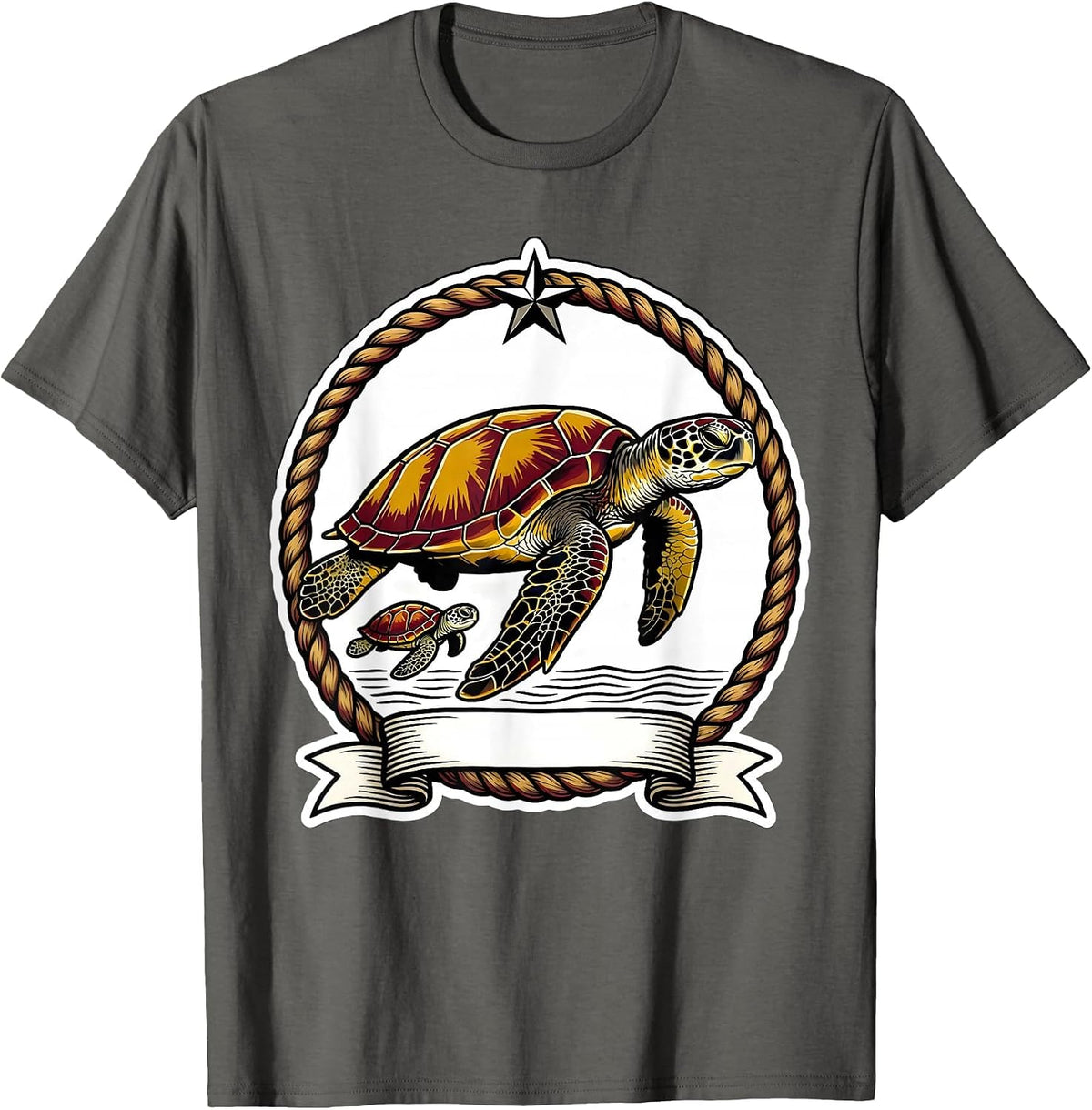 Sea Turtle Tattoo Flash Ocean Animal Lover Vacation T-Shirt - Asphalt Grey
