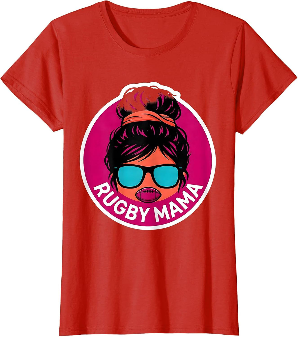 Women's Rugby Mama Funny Messy Bun Sports Mom Team Pride T-Shirt - Red