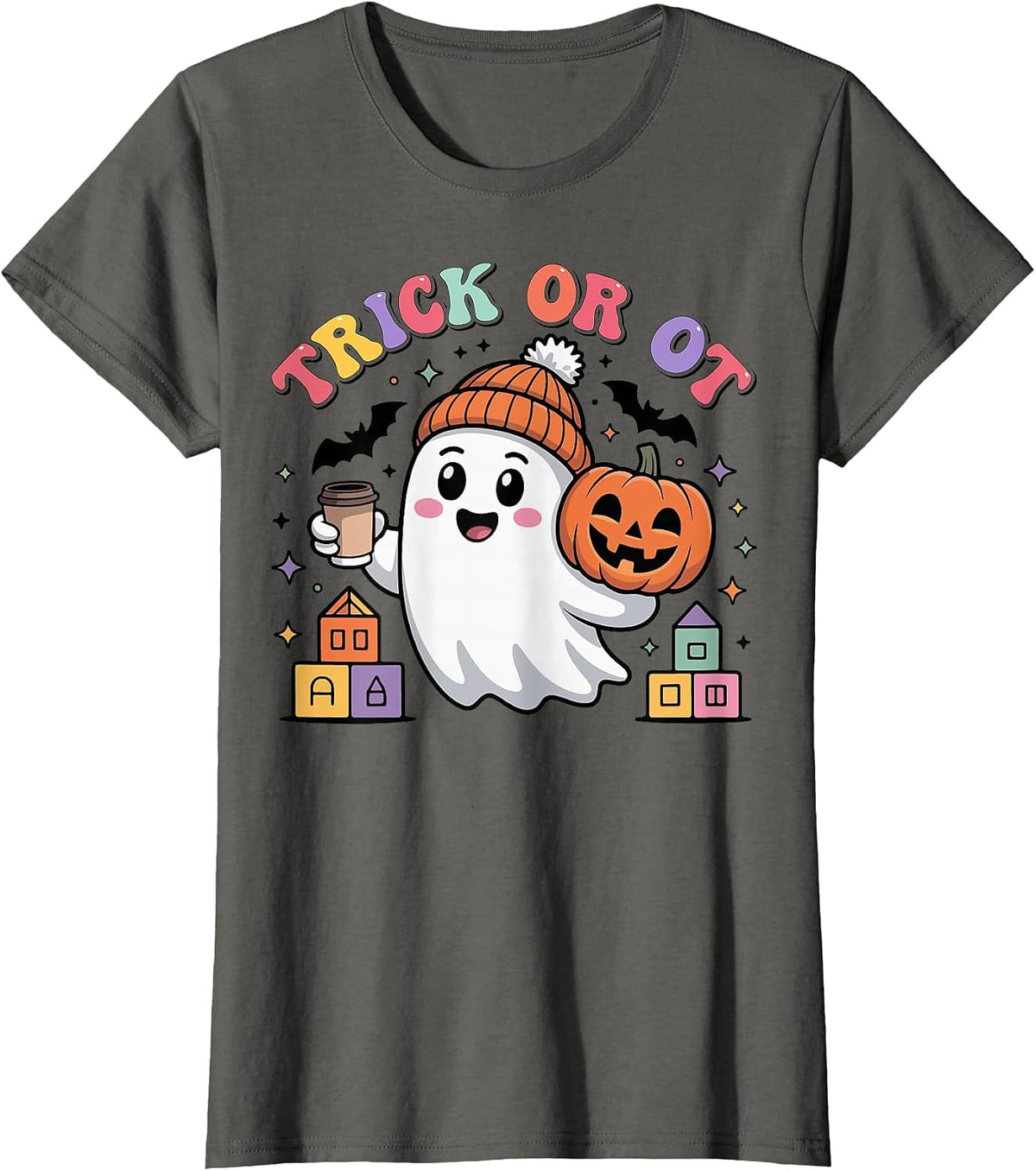 Trick or OT Spooky Occupational Therapy Ghost Halloween T-Shirt - Asphalt Grey