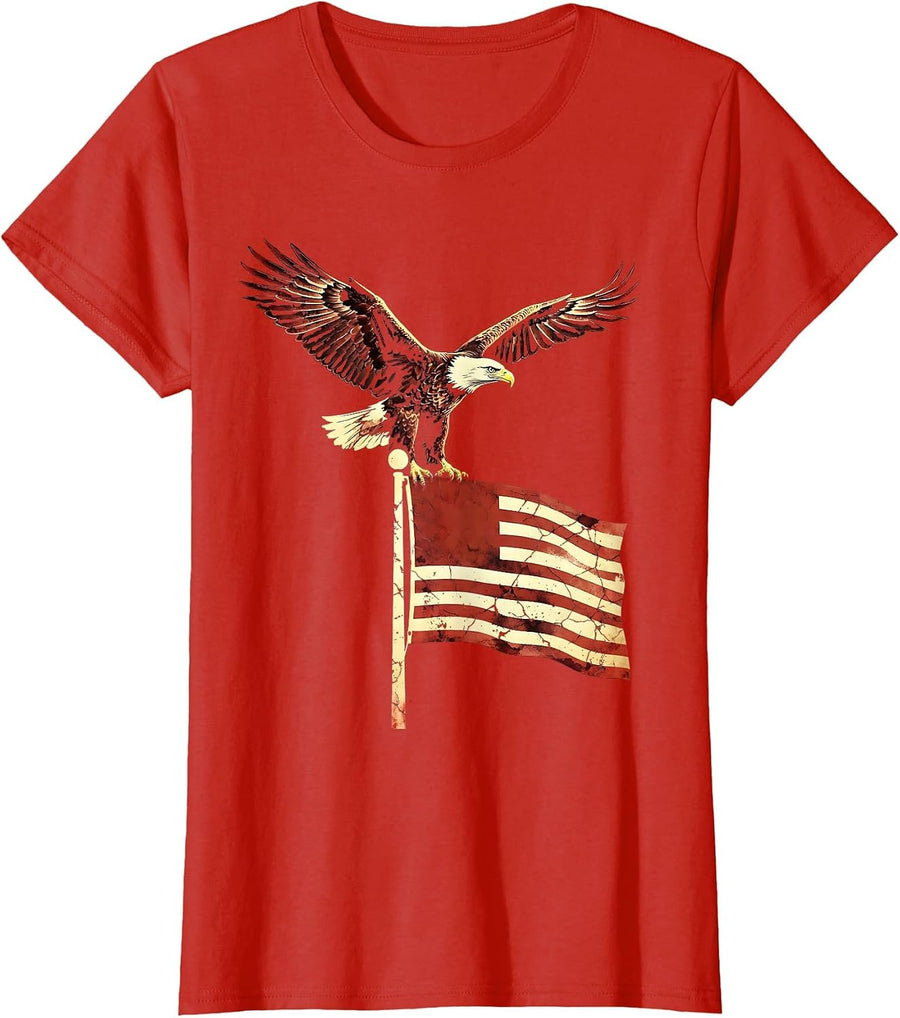 Women's Bald Eagle Red American Flag Patriotic Design T-Shirt - Red