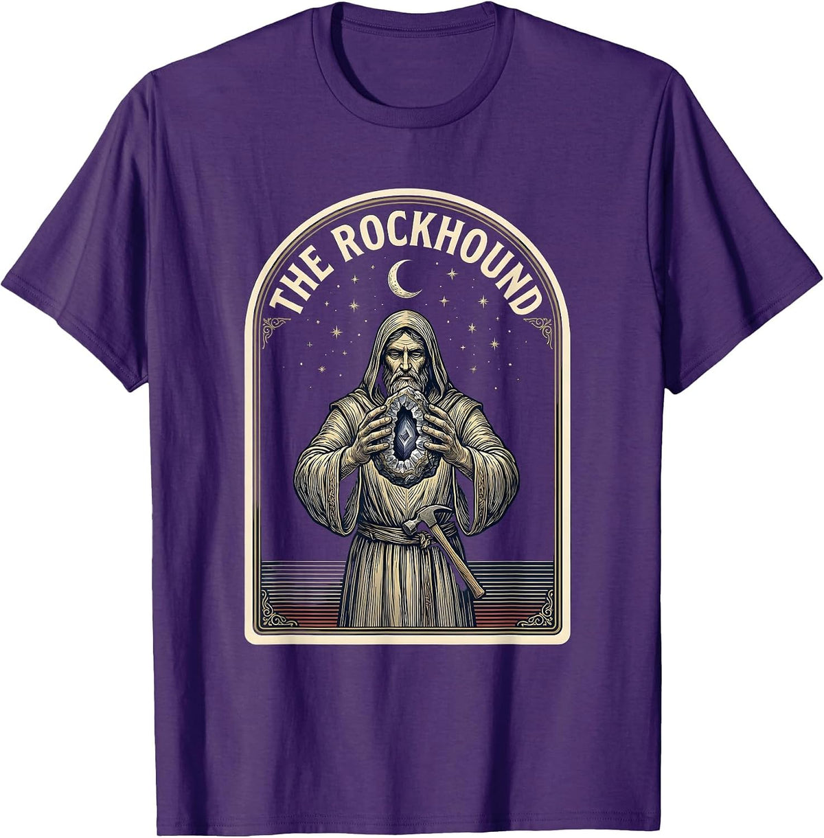 Men's The Rockhound Occult Emblem Hobbyist Tarot Card Humor T-Shirt - Purple