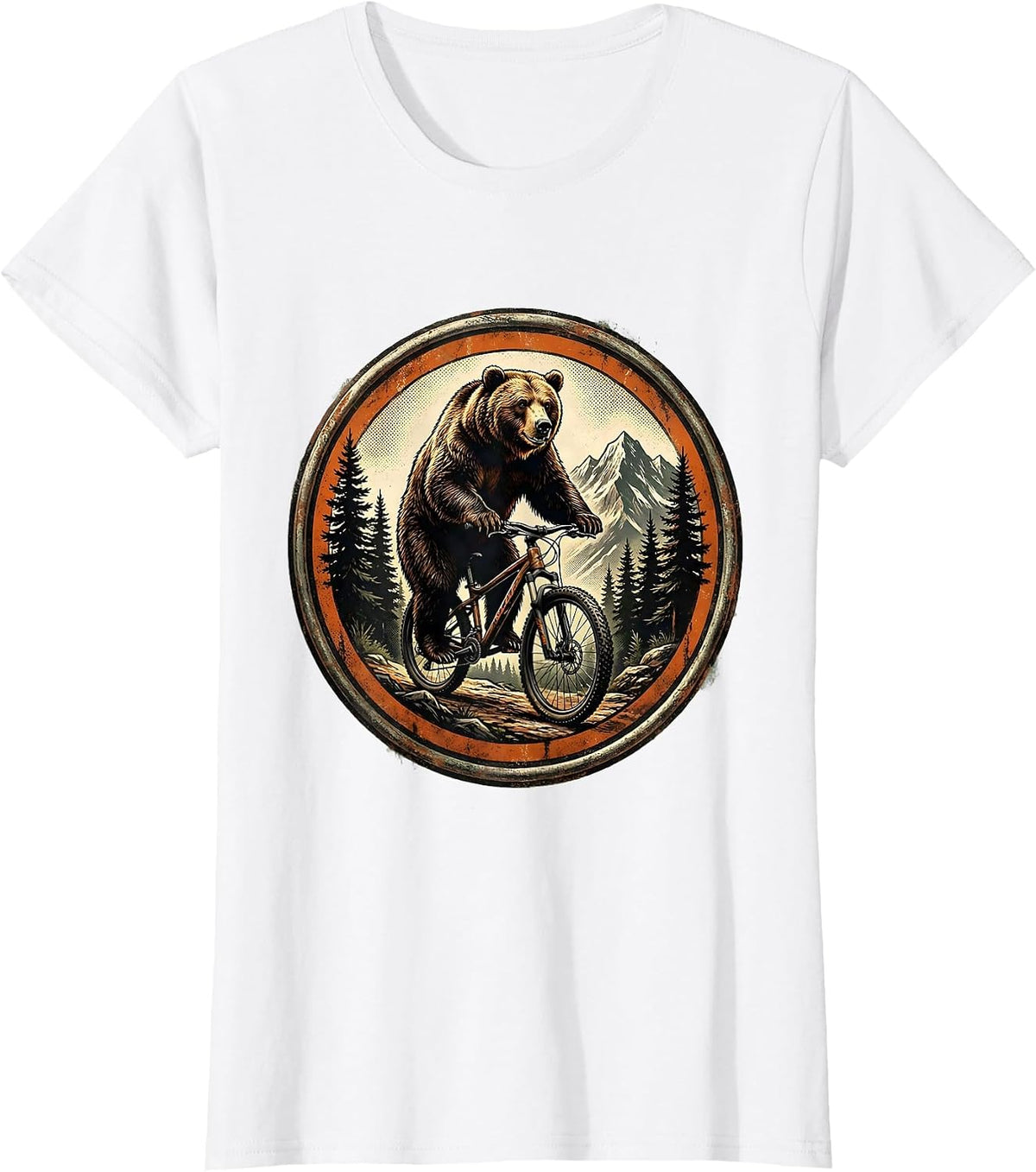 Bear on Mountain Bike Forest Trail Graphic T-Shirt - White