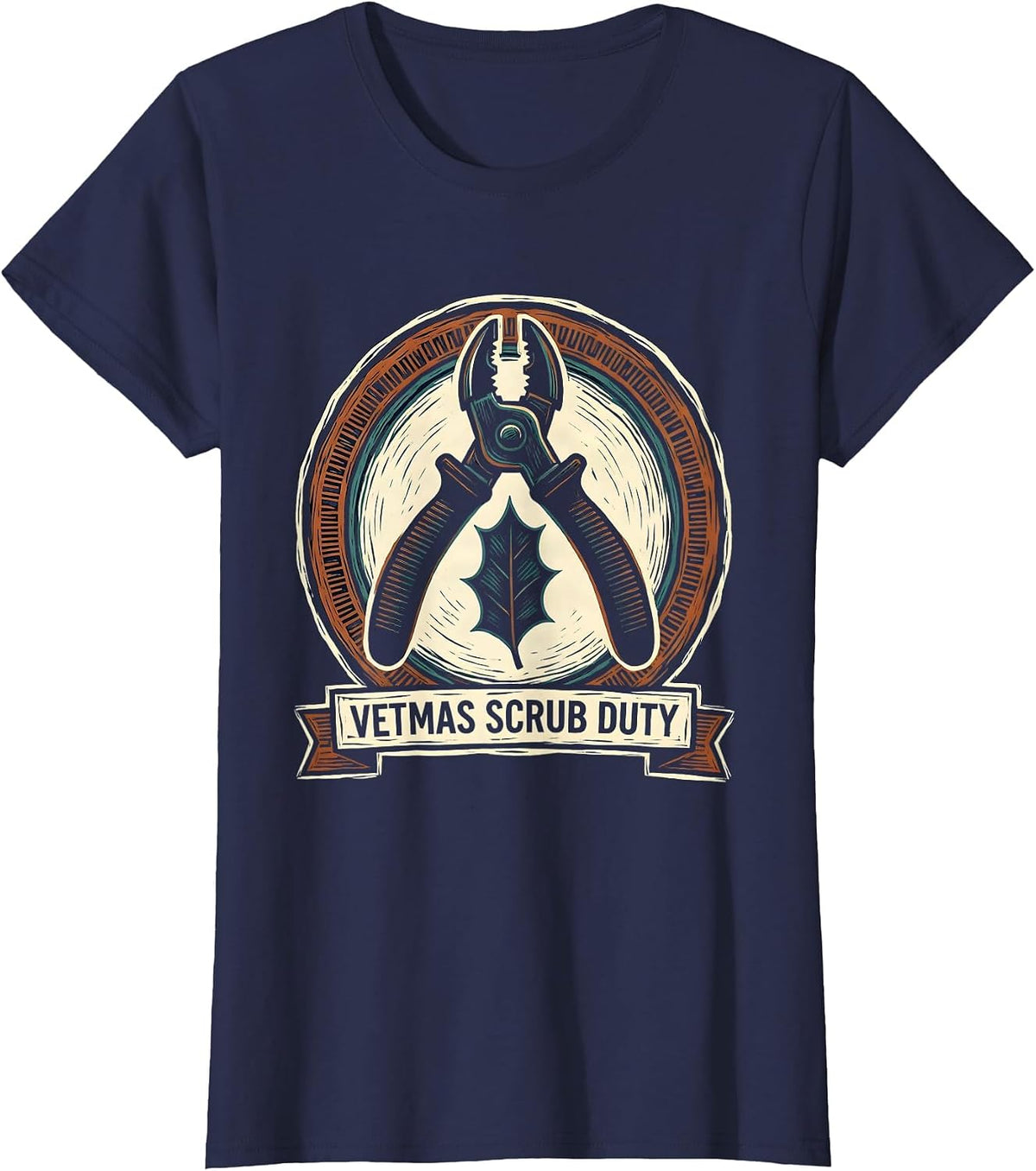 Women's Vetmas Scrub Duty Funny Vet Tech Christmas Veterinary Humor T-Shirt - Navy Blue