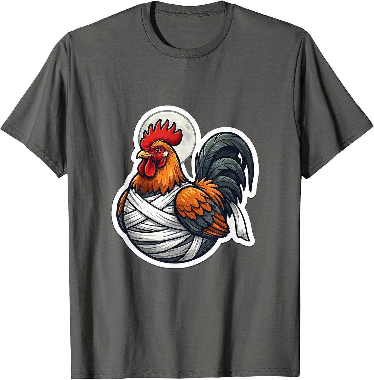 Men's Mummy Hen Sticker Whimsical Chicken Lover Halloween T-Shirt - Asphalt Grey