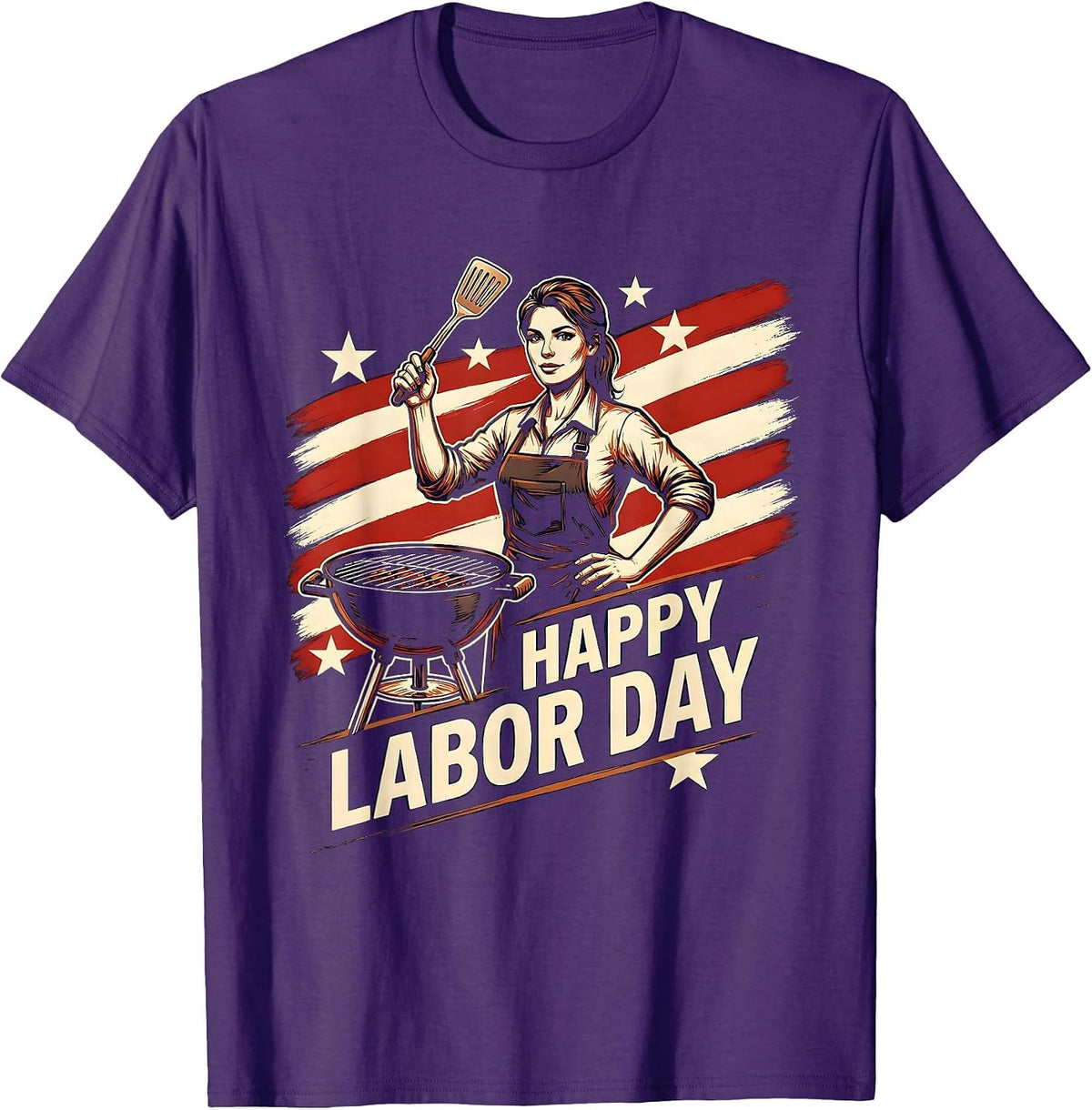 Happy Labor Day Patriotic Woman Work Apron BBQ Illustration T-Shirt - Purple