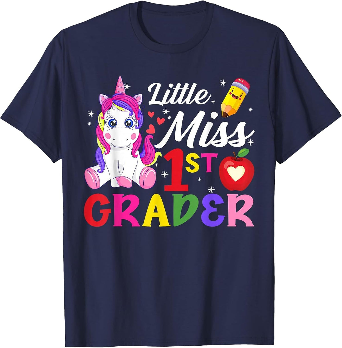 Funny Little Miss First Grader Unicorn First Day of School T-Shirt - Navy Blue