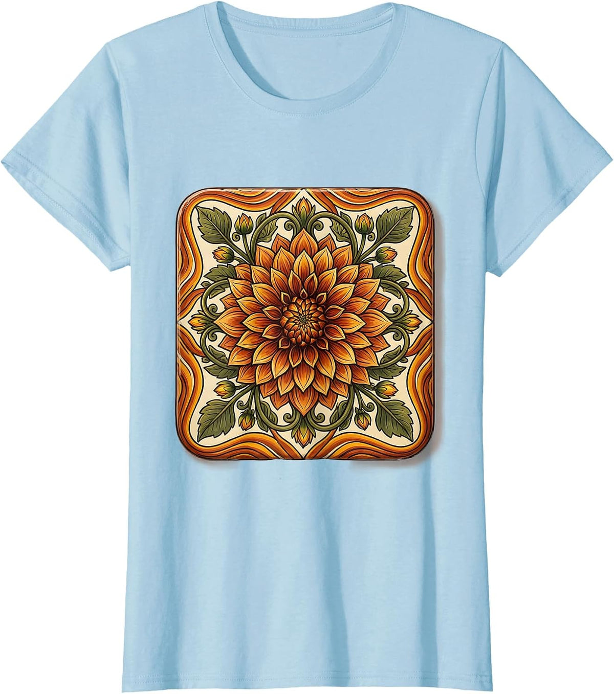 Mexican Talavera Floral Tile Art Design T-Shirt - Baby Blue