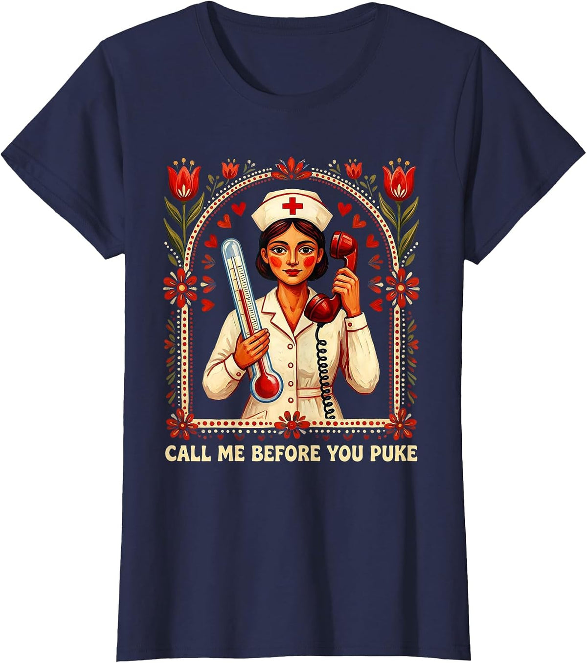 Women's Call Me Before You Puke School Nurse Design T-Shirt - Navy Blue