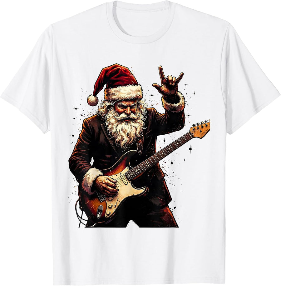 Men's Bearded Santa Guitarist Rock Metal Christmas Humor T-Shirt - White