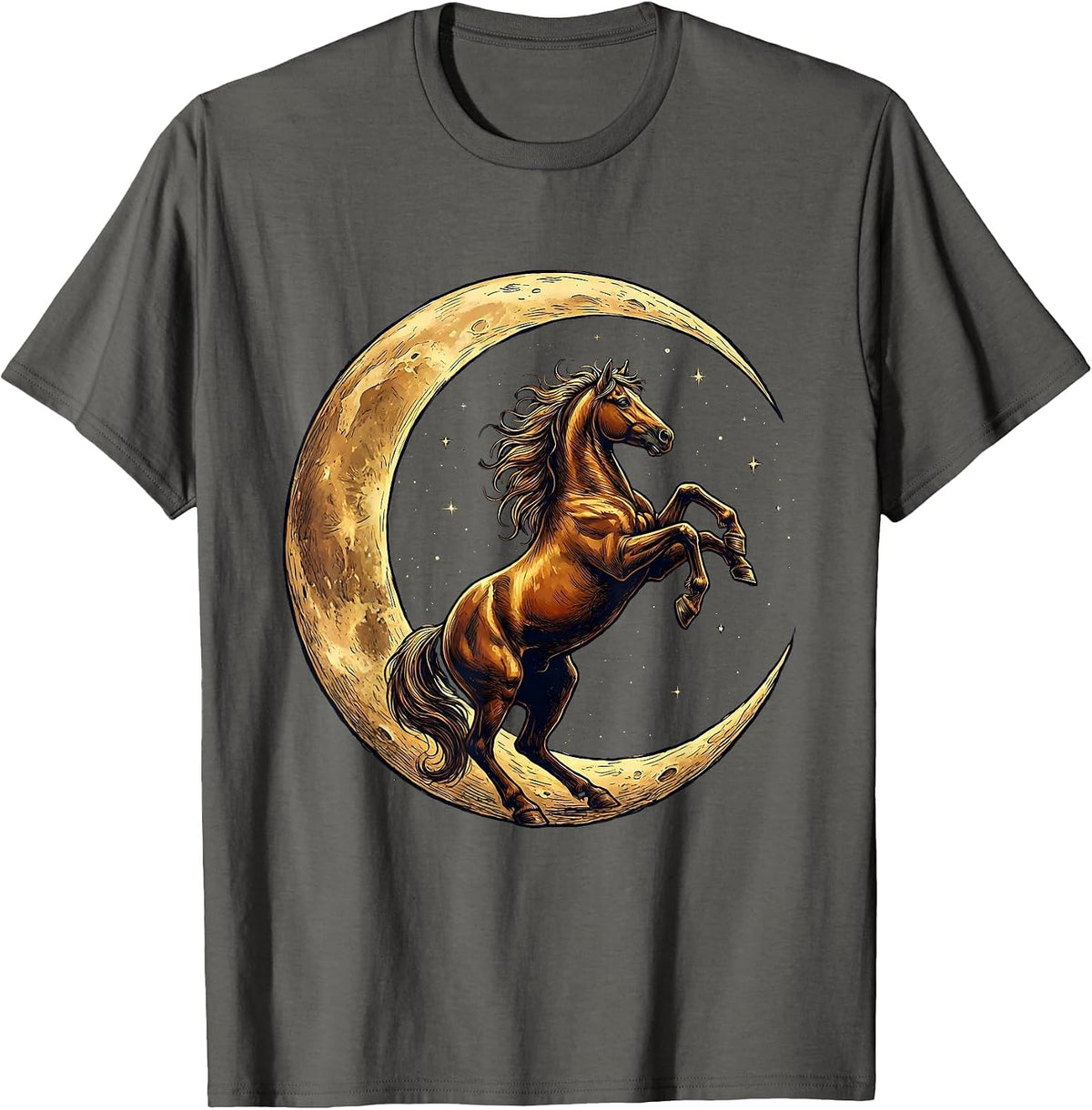 Rearing Horse Crescent Moon Celestial Art Design T-Shirt - Asphalt Grey