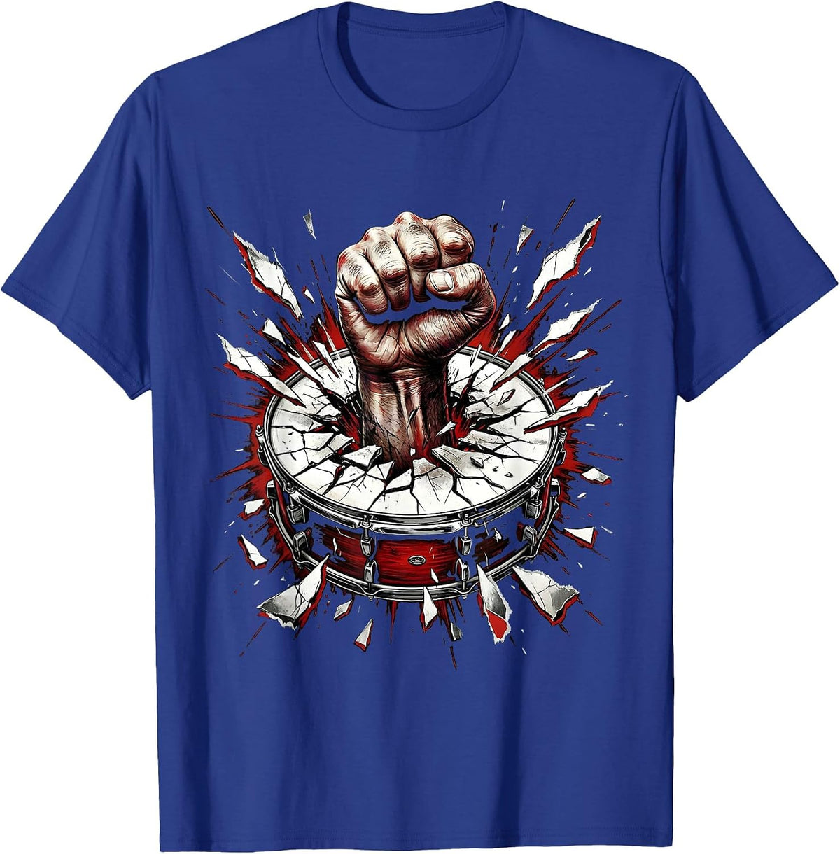 Fist Through Bass Drum Punk Rock Concert Graphic T-Shirt - Royal Blue